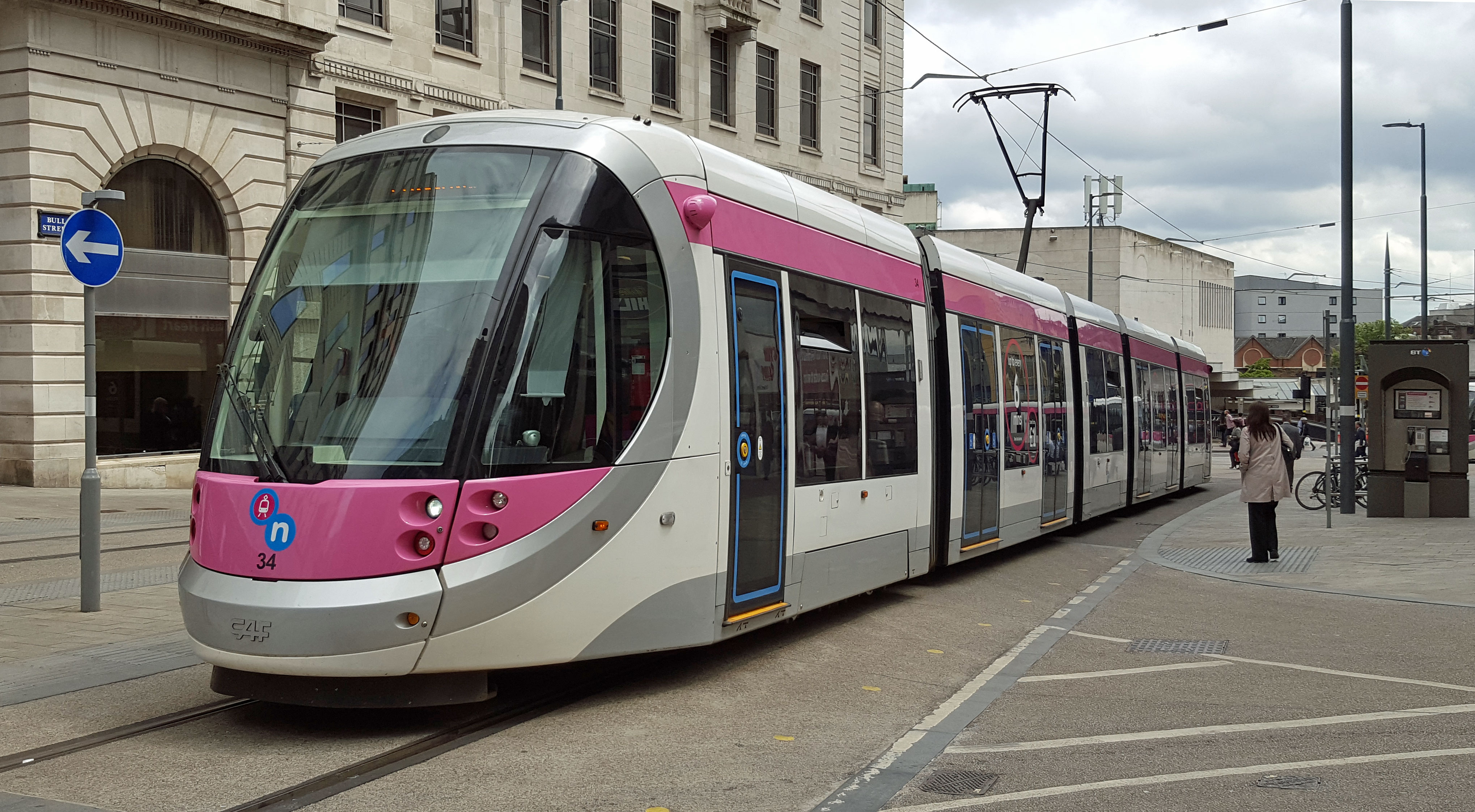 A Midland Metro tram at Bull Street stop in Birmingham city centre.