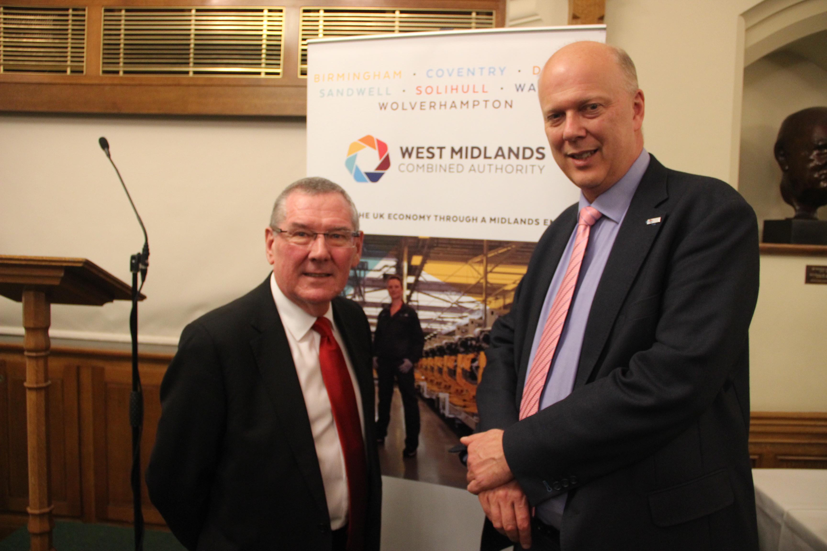 Cllr Bob Sleigh (left), chair of the West Midlands Combined Authority, and Transport Secretary Chris Grayling at last night’s WMCA Parliamentary Reception