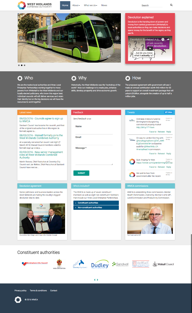 The West Midlands Combined Authority (WMCA) has launched phase one of its new website.  The site is designed to share information about the emerging combined authority, share progress about the proposed devolution deal with government and highlight priorities for the coming year.