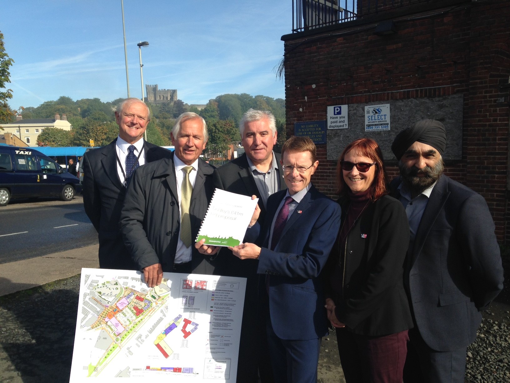 (l-r) Cllr Ian Kettle, Dudley Council's cabinet member for regeneration, Jeremy Knight-Adams, director of Avenbury Properties, Cllr Patrick Harley, leader of Dudley Council, Andy Street, Mayor of the West Midlands, Sarah Norman, chief executive of Dudley Council and Ninder Johal from the Black Country Local Enterprise Partnership