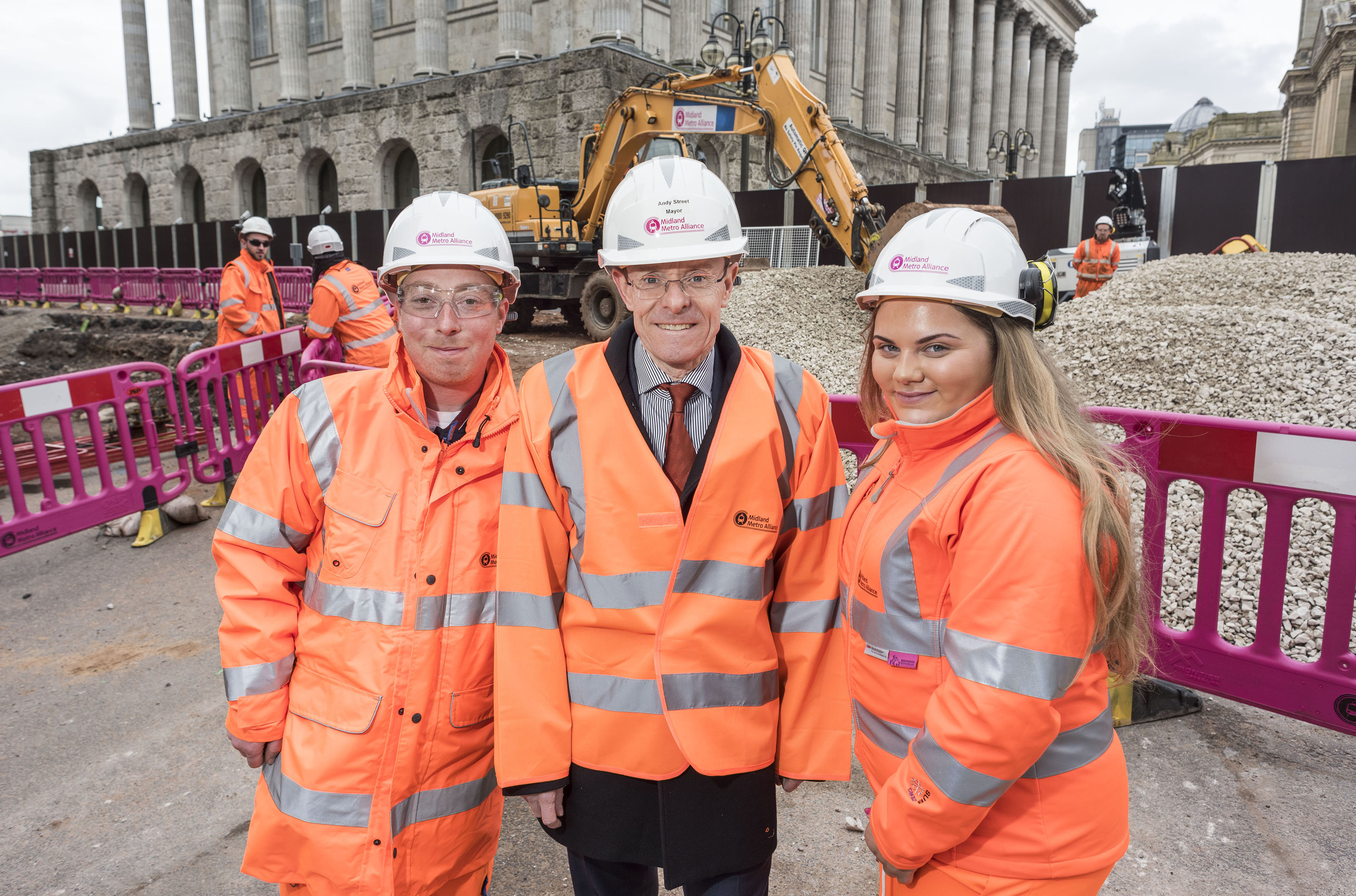 Apprentices Katie Roberts and Dan Thomas joined the Mayor of the West Midlands Andy Street at the Metro extension site in Victoria Square to celebrate National Apprenticeship Week. Apprentices Katie Roberts and Dan Thomas joined the Mayor of the West Midlands Andy Street, WMCA transport lead Cllr Roger Lawrence and productivity & skills lead Cllr George Duggins at the Metro extension site in Victoria Square to celebrate National Apprenticeship Week.
