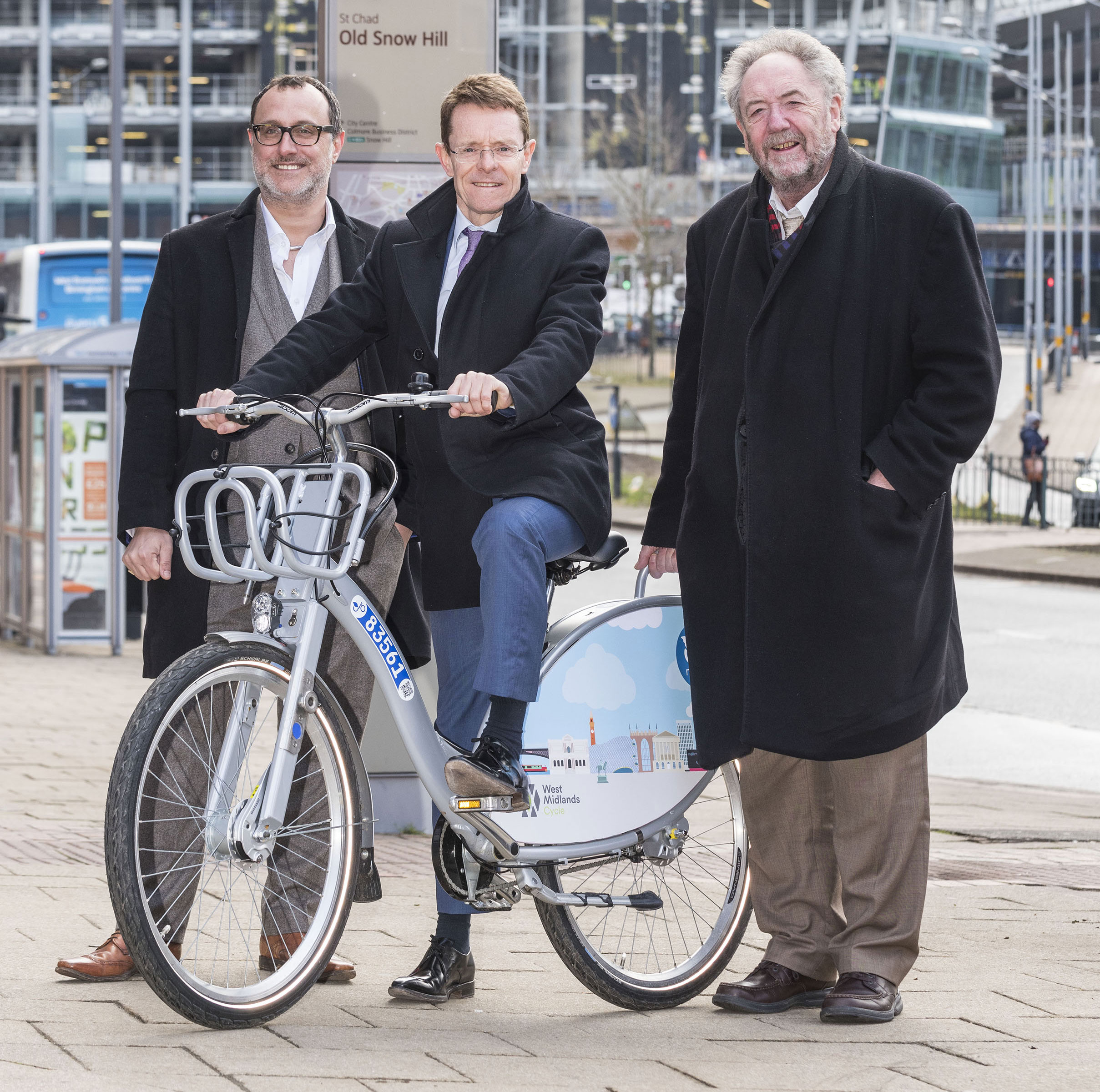 Nextbike MD Julian Scriven, Mayor of the West Midlands Andy Street and leader of the City of Wolverhampton Council Roger Lawrence