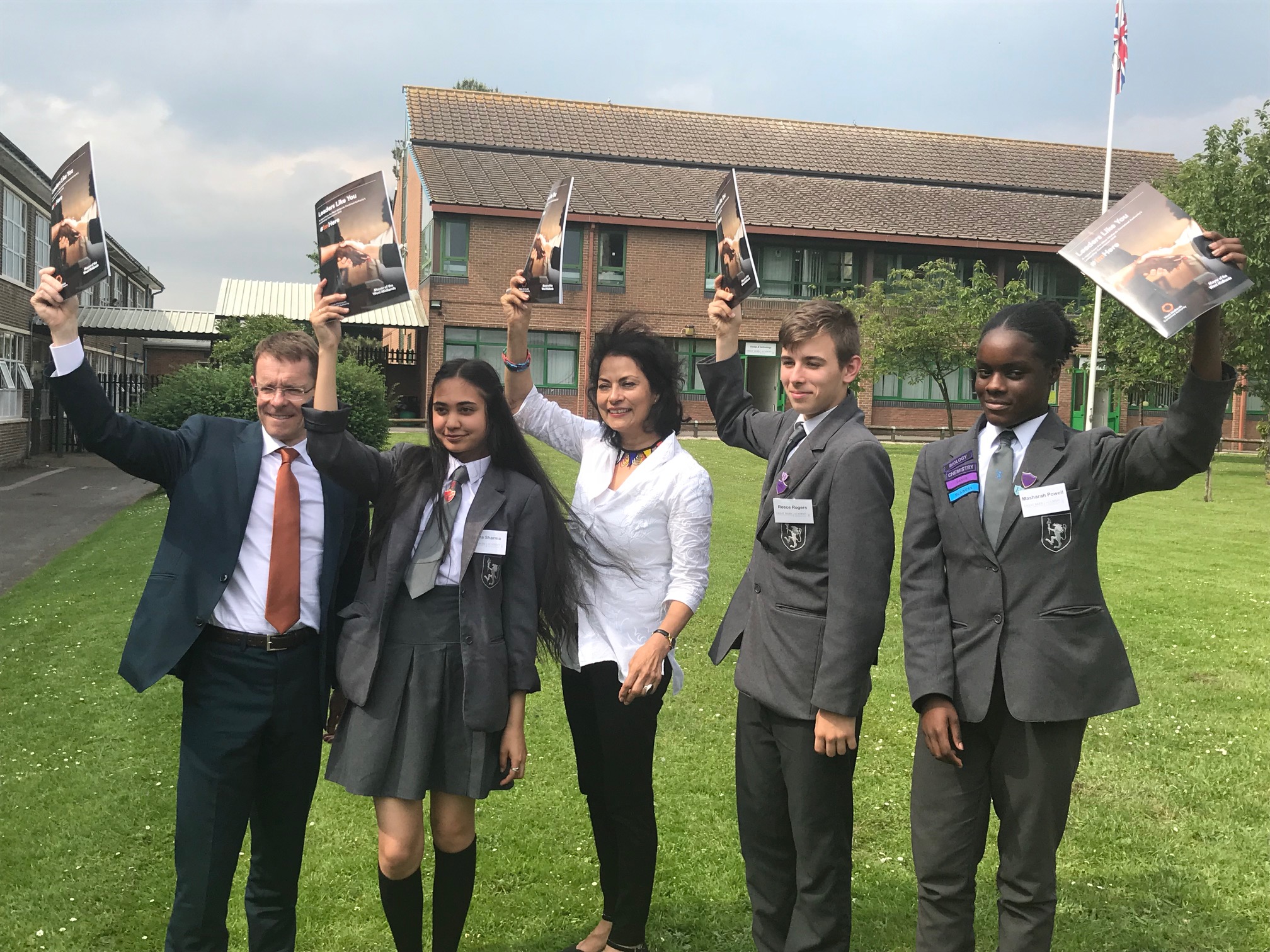 Leaders of the future? Mayor of the West Midlands Andy Street (left) with chair of the Leadership Commission Anita Bhalla OBE (centre) and young pupils at the launch of the Leaders Like You report