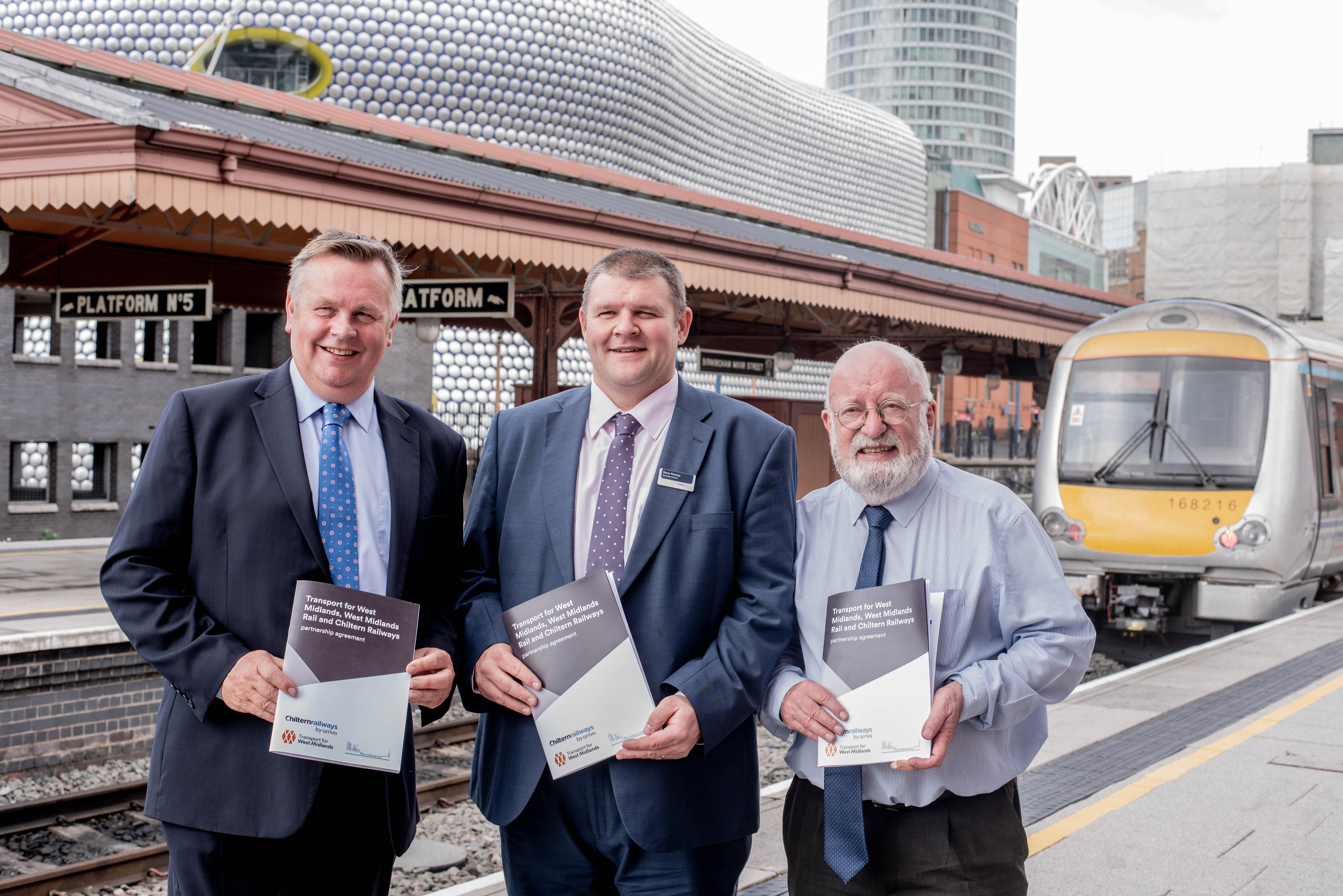 Cllr Mark Winnington of West Midlands Rail, left, Dave Penney of Chiltern Railways, and Cllr Richard Worrall of the WMCA Transport Delivery Committee at Moor Street station.