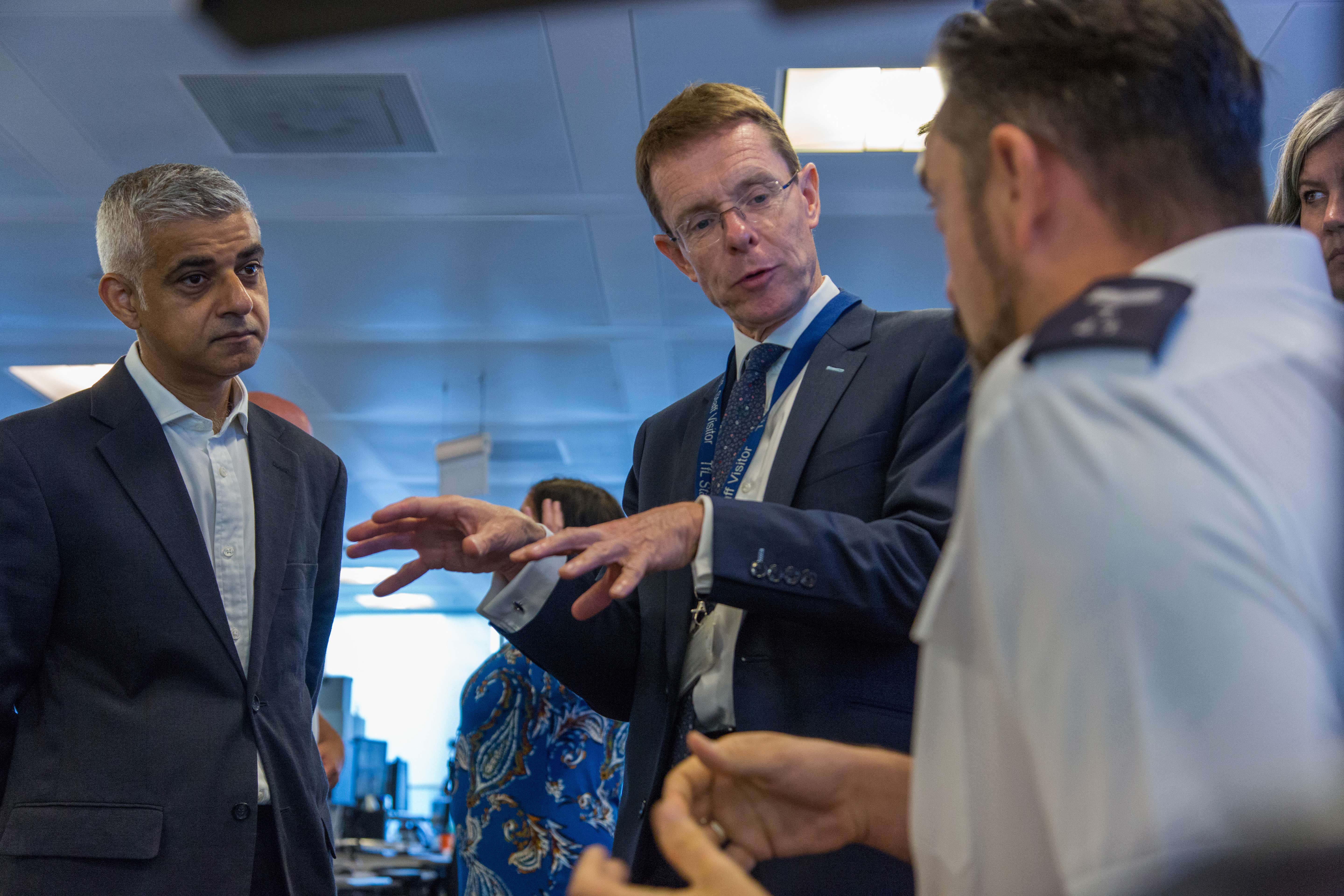 Sadiq Khan and Andy Street with workers at London’s Traffic Control Centre.