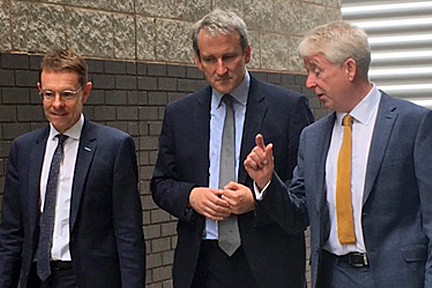 Mayor of the West Midlands Andy Street, left, Education Secretary Damian Hinds, and Lowell Williams, principal and chief executive of Dudley College.