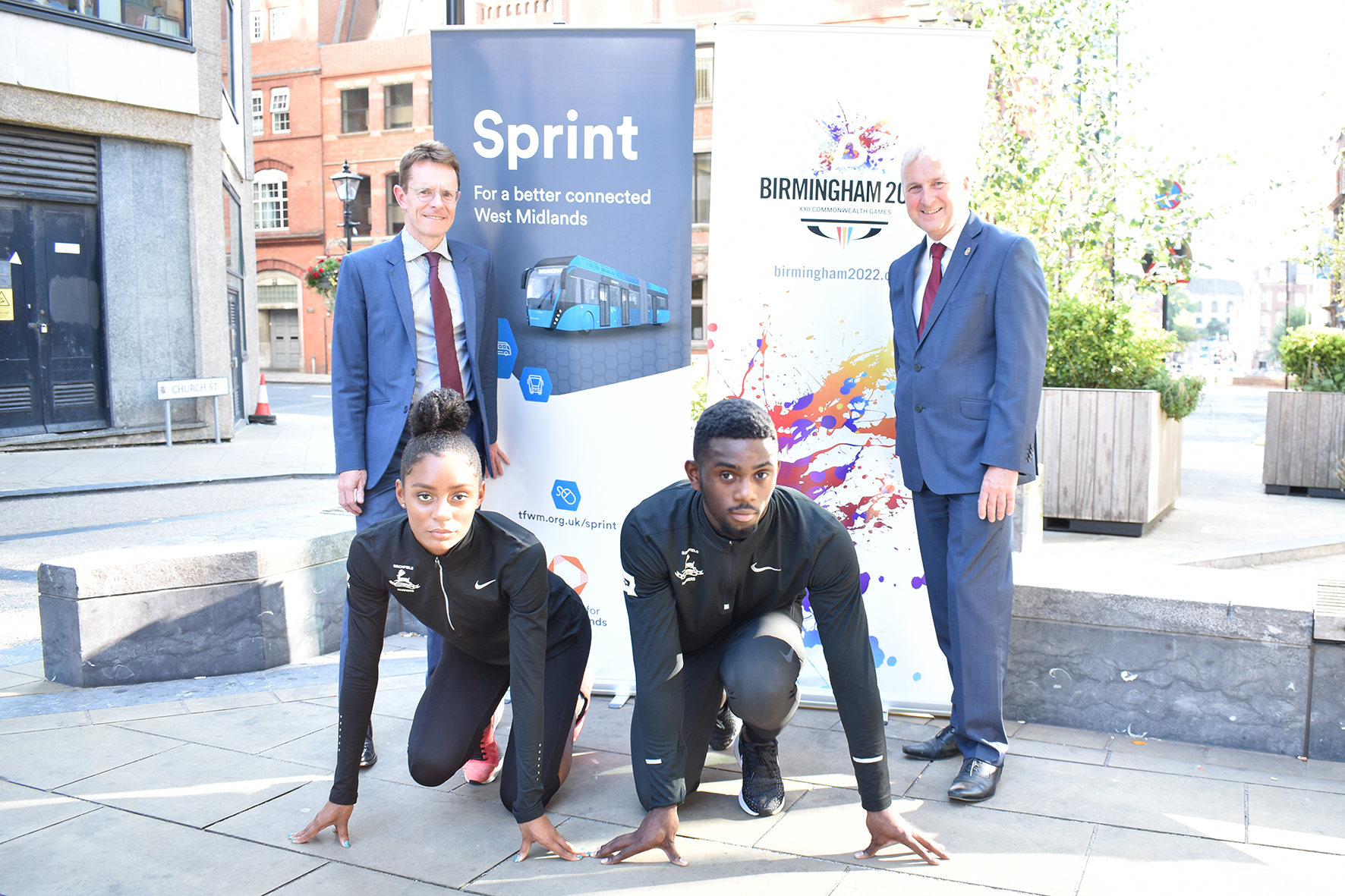 Get Set Go. Birchfield Harriers Kaie Chambers-Brown (Great Britain U20) and Cassie-Anne Pemberton (Great Britain U18) launch the Sprint consultation with Mayor of the West Midlands Andy Street (left) and Cllr Ian Ward, leader of Birmingham City Council