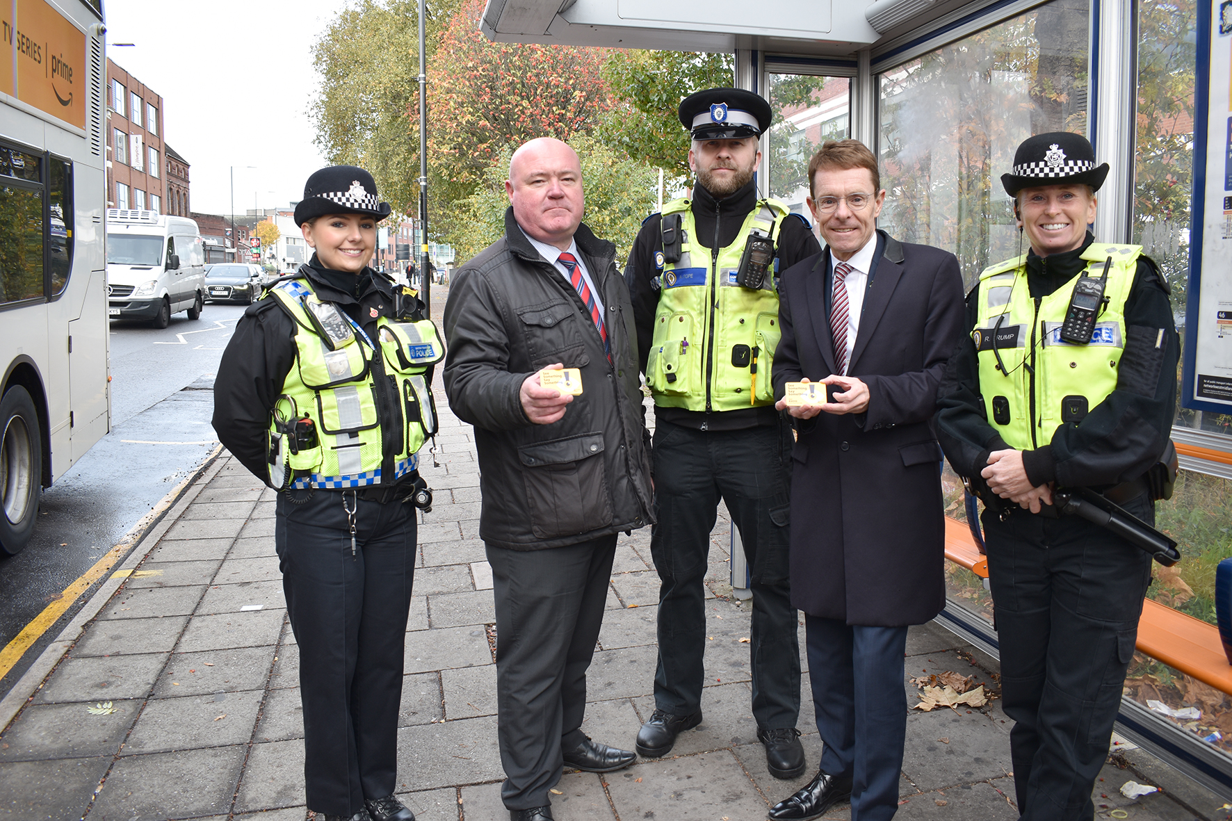 (l-r) Sgt. Nicola Mallaber of the Safer Travel Team, Tony Dallison, National Express’ head of security UK bus and coach, PCSO Andy Pope of the Safer Travel Team, Mayor of the West Midlands Andy Street  and Safer Travel Inspector Rachel Crump ahead of an operation to counter anti-social behaviour on buses