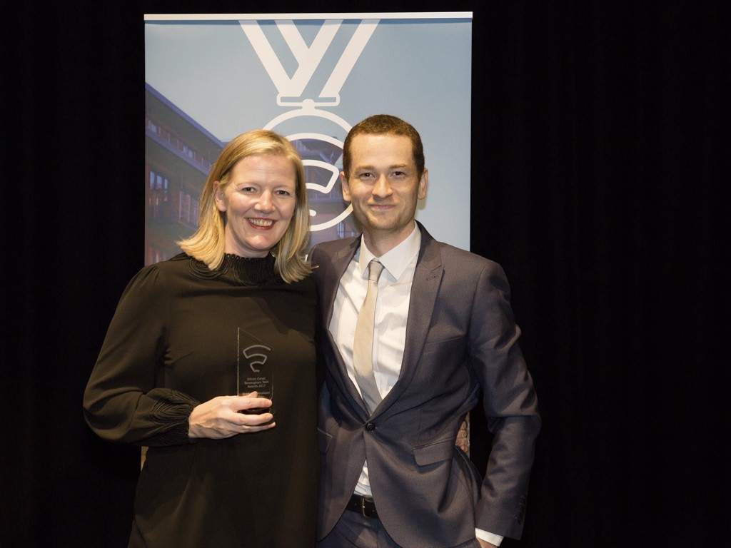 Clare Streets (left), with her Graduate Developer of the Year award from the West Midlands Tech Awards 2017, and Dr Chris Meah from the School of Code