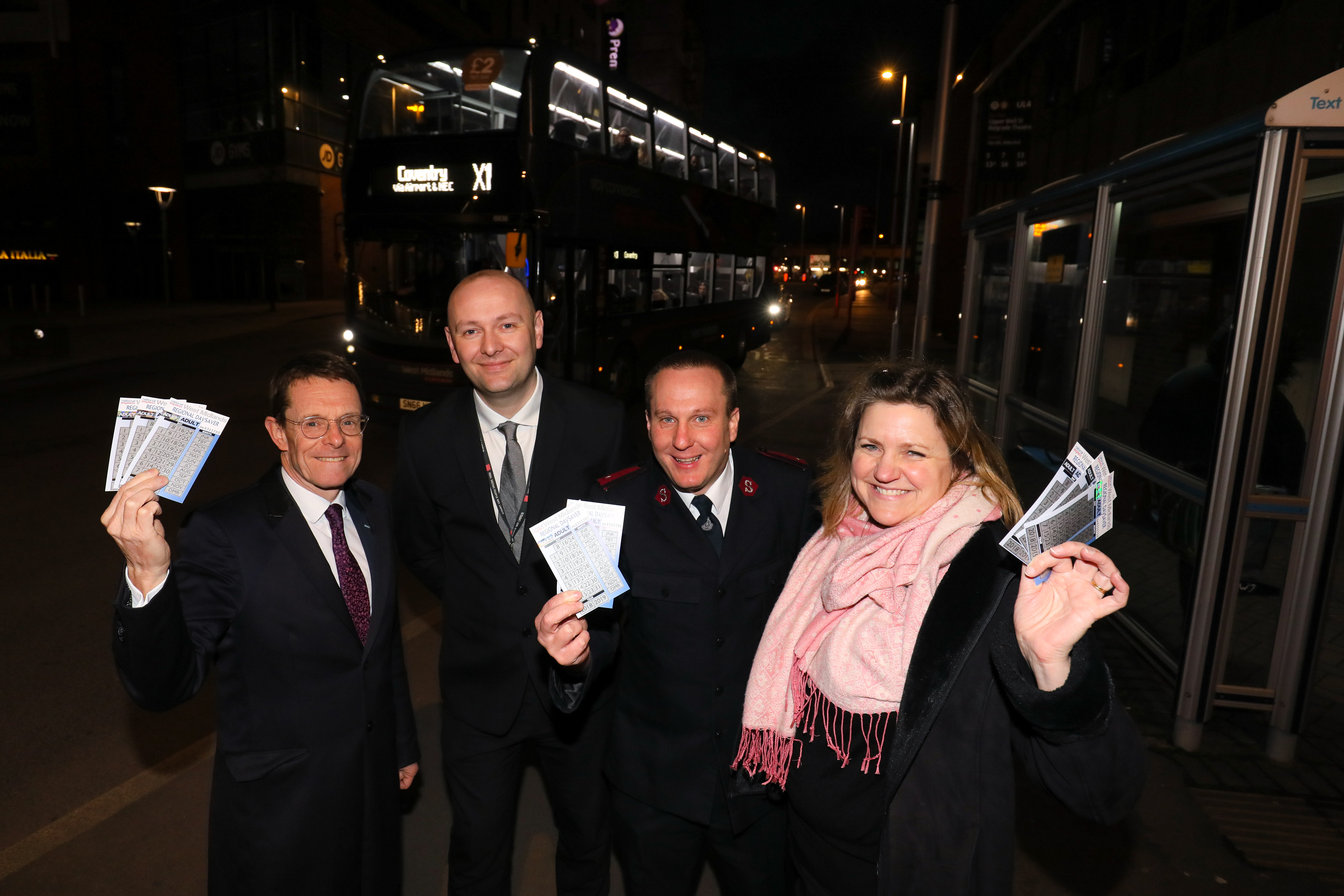 Mayor of the West Midlands Andy Street with Nathan Slinn, the Salvation Army's regional manager for homelessness services, Martyn Evans, the Salvation Army chaplain from the Harnall Lifehouse outreach service and Ali Bell, head of external communications from National Express West Midlands
