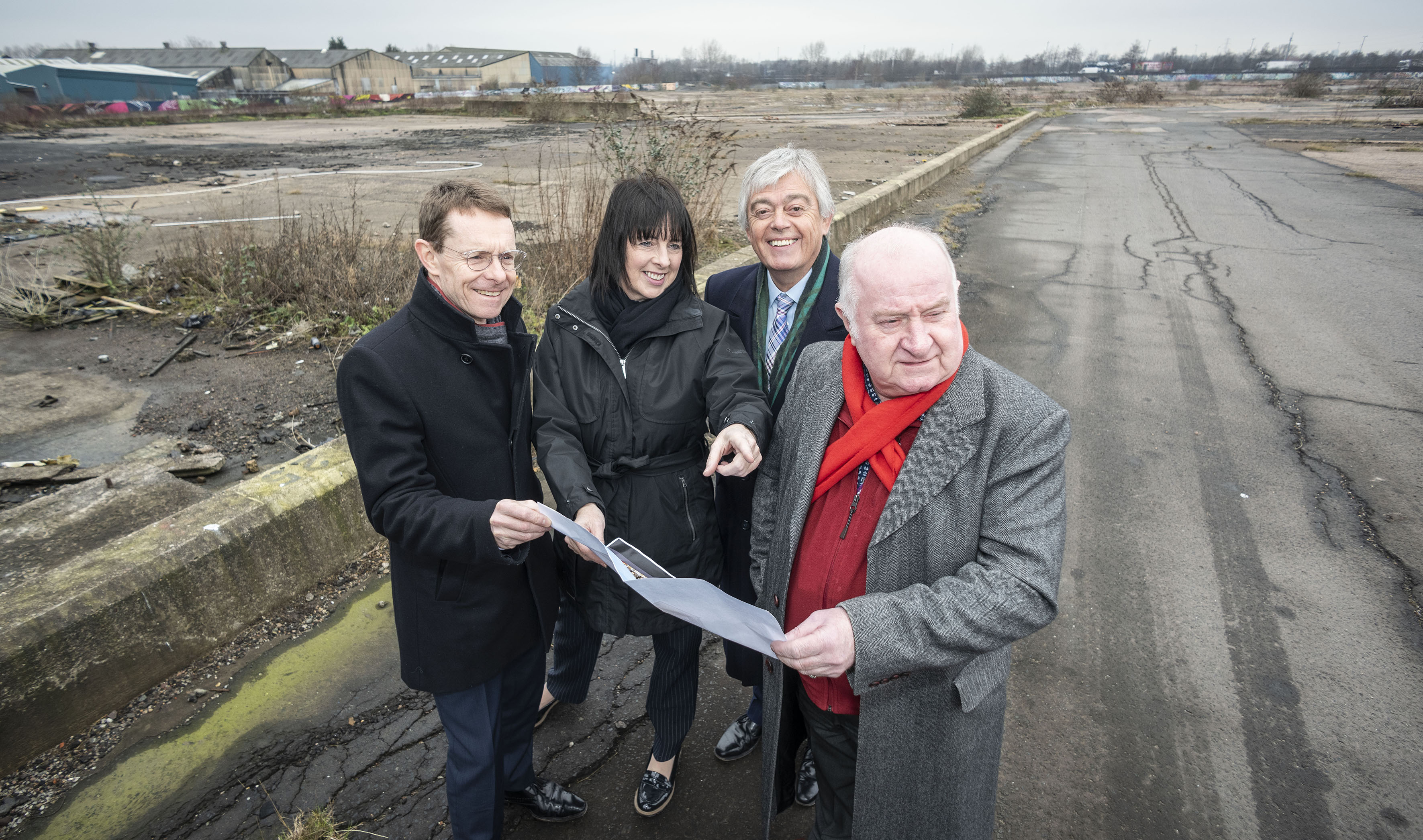 Mayor of the West Midlands Andy Street, Vivienne Clements, director at Henry Boot Developments, Tom Westley, board member Black Country LEP and Cllr Mike Bird, leader of Walsall Council and WMCA portfolio holder for land and housing, take a tour of the Phoenix 10 site