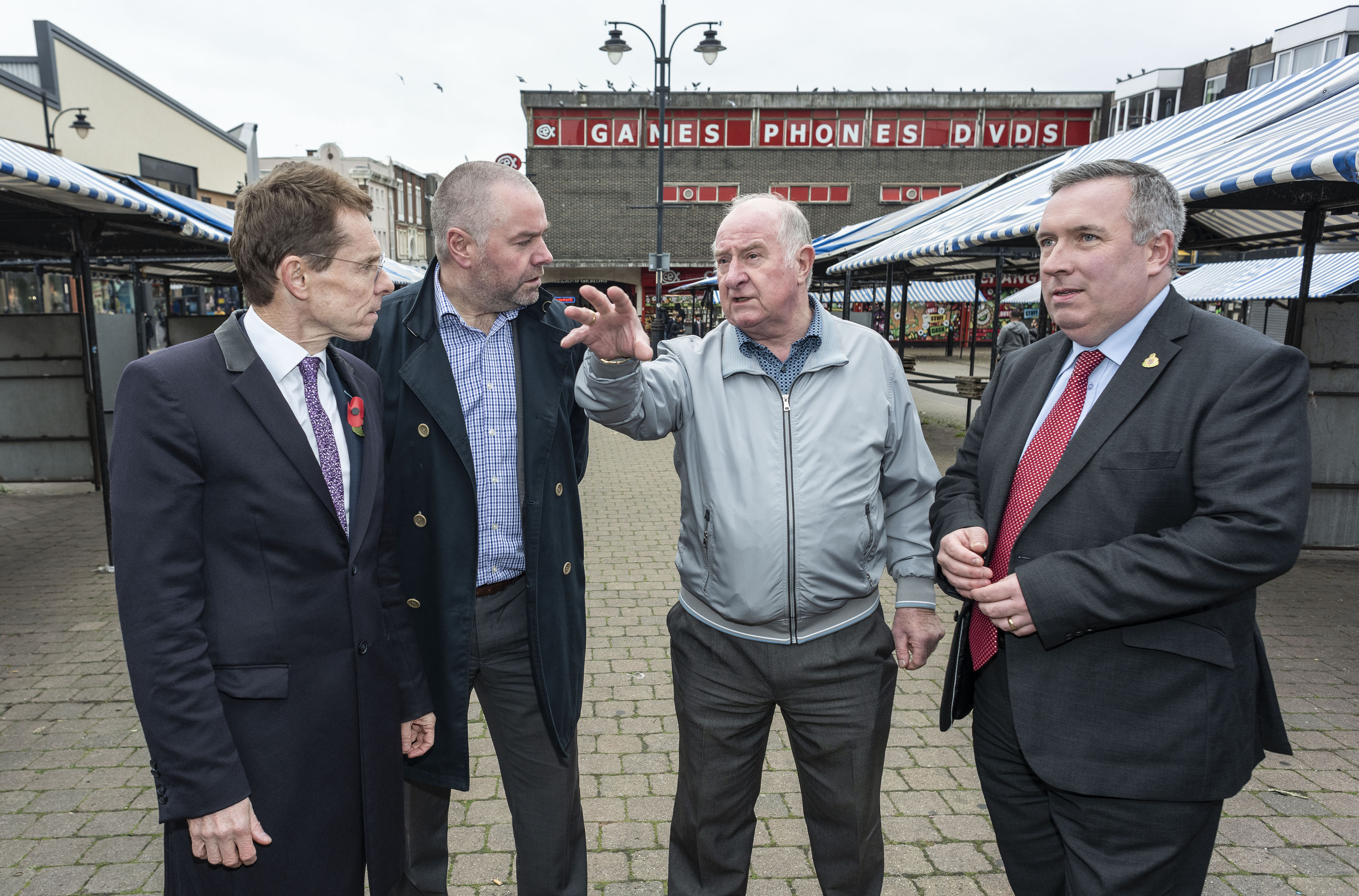 L-R Mayor of the West Midlands Andy Street with Simon Tranter, head of regeneration and development at Walsall Council, Cllr Mike Bird, leader of Walsall Council and Cllr Adrian Andrew, deputy leader, at the recent launch of a regional project to help transform and revitalise town centres