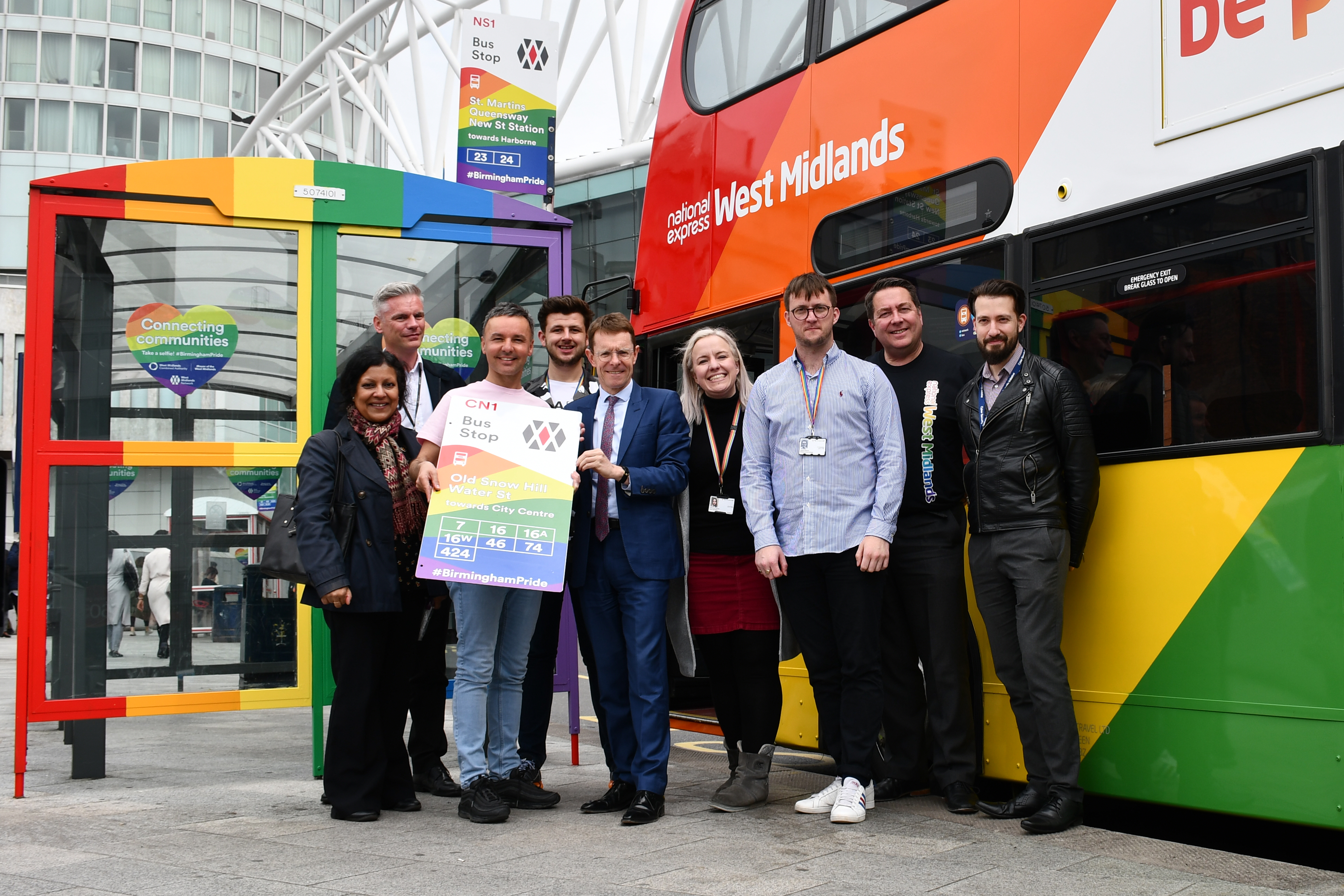 L-R Rinku Banerjee from the WMCA, Thomas Moore from Transport for West Midlands, Lawrence Barton from Birmingham Pride, Martin Price from the WMCA, Mayor of the West Midlands Andy Street, Adrienne Frances and James Wharton from Birmingham LGBT and James Donnan and Bashir Khan from National Express West Midlands