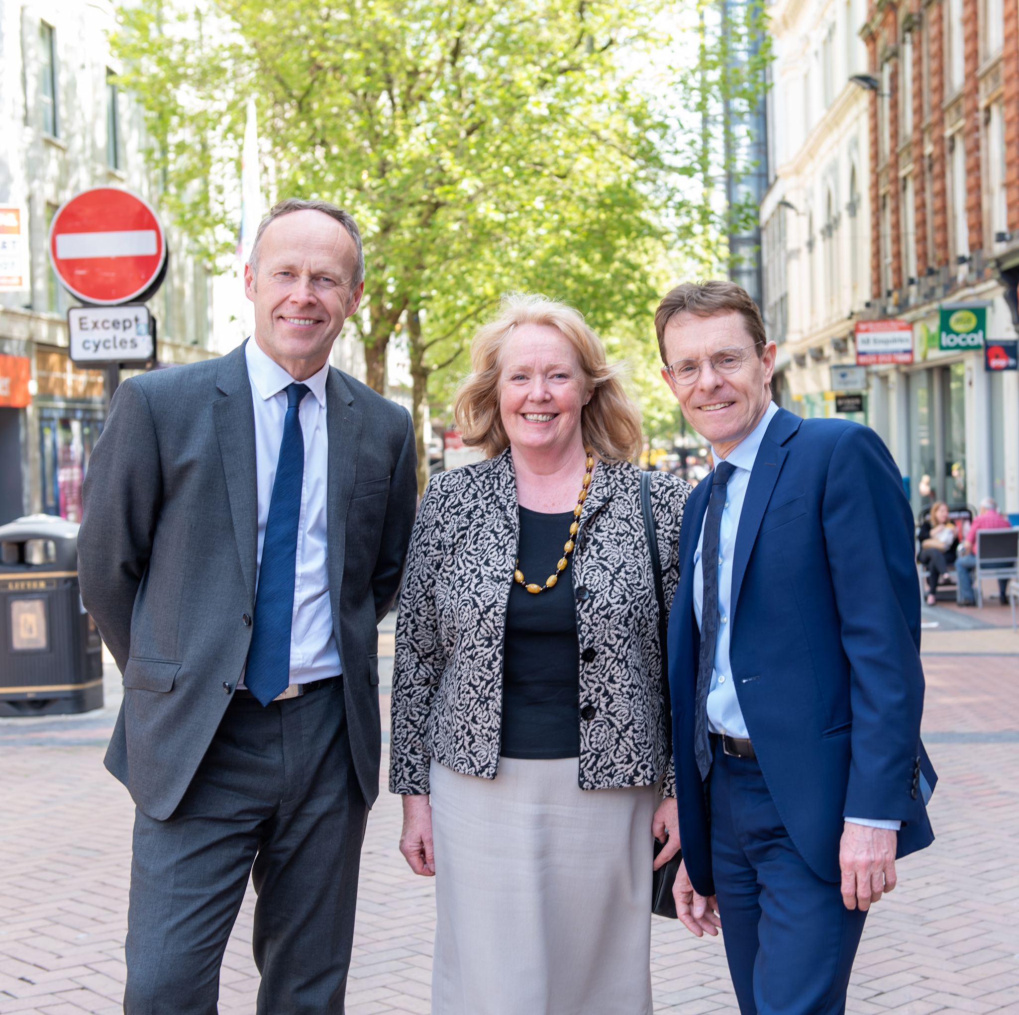 L-R Jon Bramwell, chair of the Regional Town Centre Task Force, Patricia Willoughby, head of policy - housing and regeneration at the WMCA, and Mayor of the West Midlands Andy Street