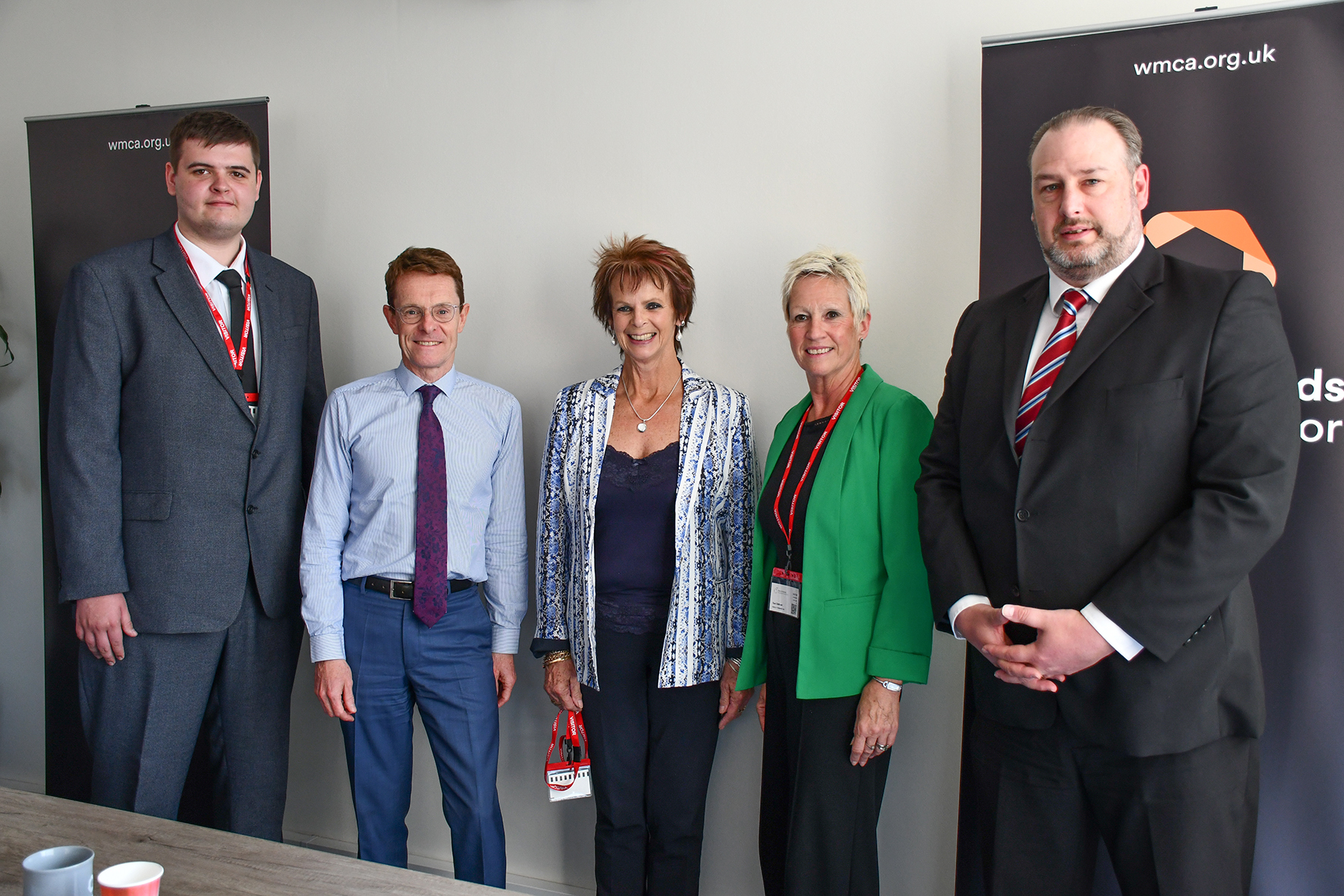 Sean Faulkner, the first apprentice hired through the £40m WMCA Apprenticeship Levy Transfer Fund, with Mayor of the West Midlands Andy Street, skills and apprenticeships minister Anne Milton MP, Sue Gidman from Skills Training UK and Jackdaw Tools sales director Mark Younger