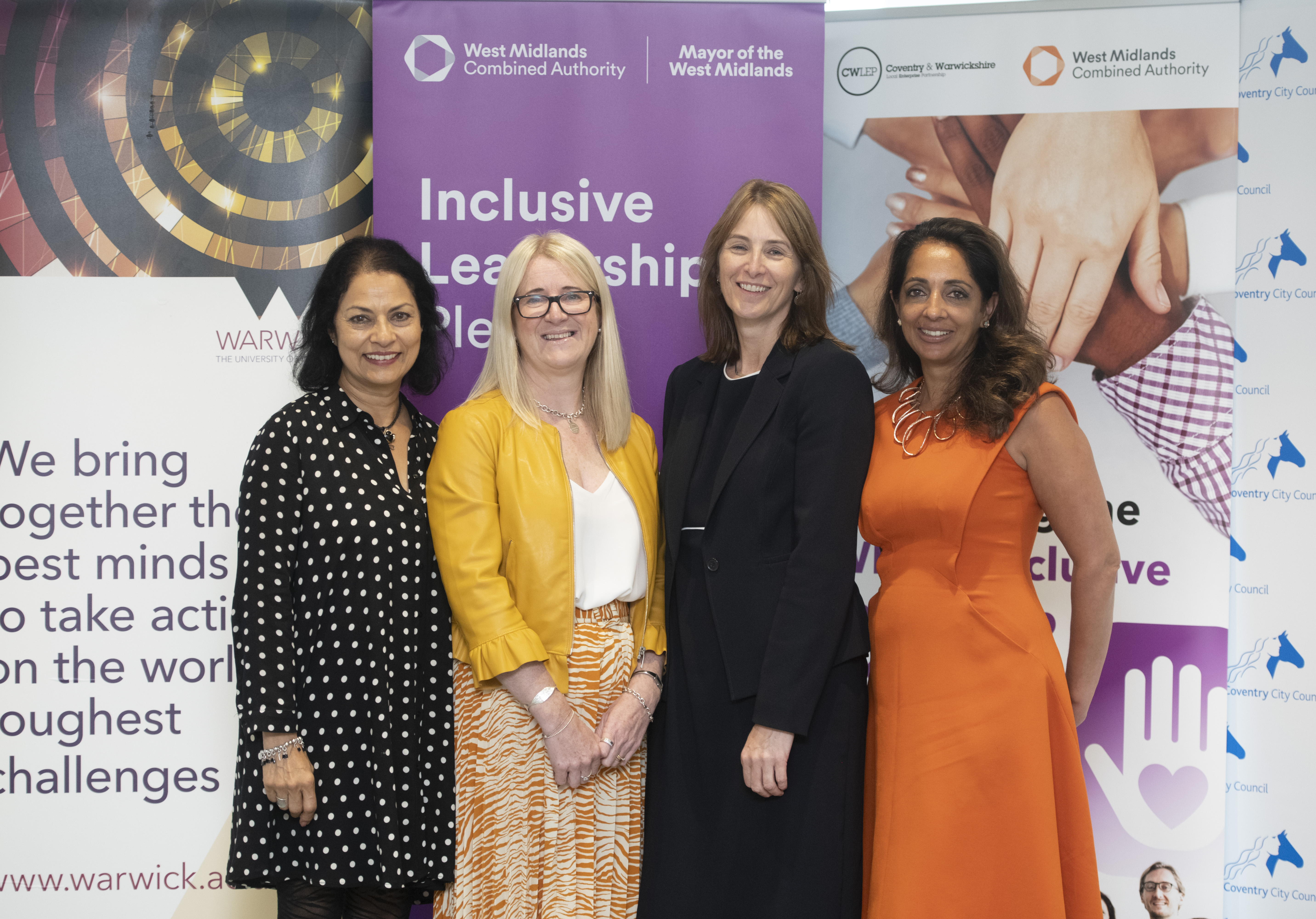 Anita Bhalla OBE, chair of the Leadership Commission, Paula Deas from Coventry and Warwickshire Local Enterprise Partnership, Gail Quinton from Coventry City Council and Kulbir Shergill from Warwick University, at the launch of the Inclusive Leadership Pledge in Coventry