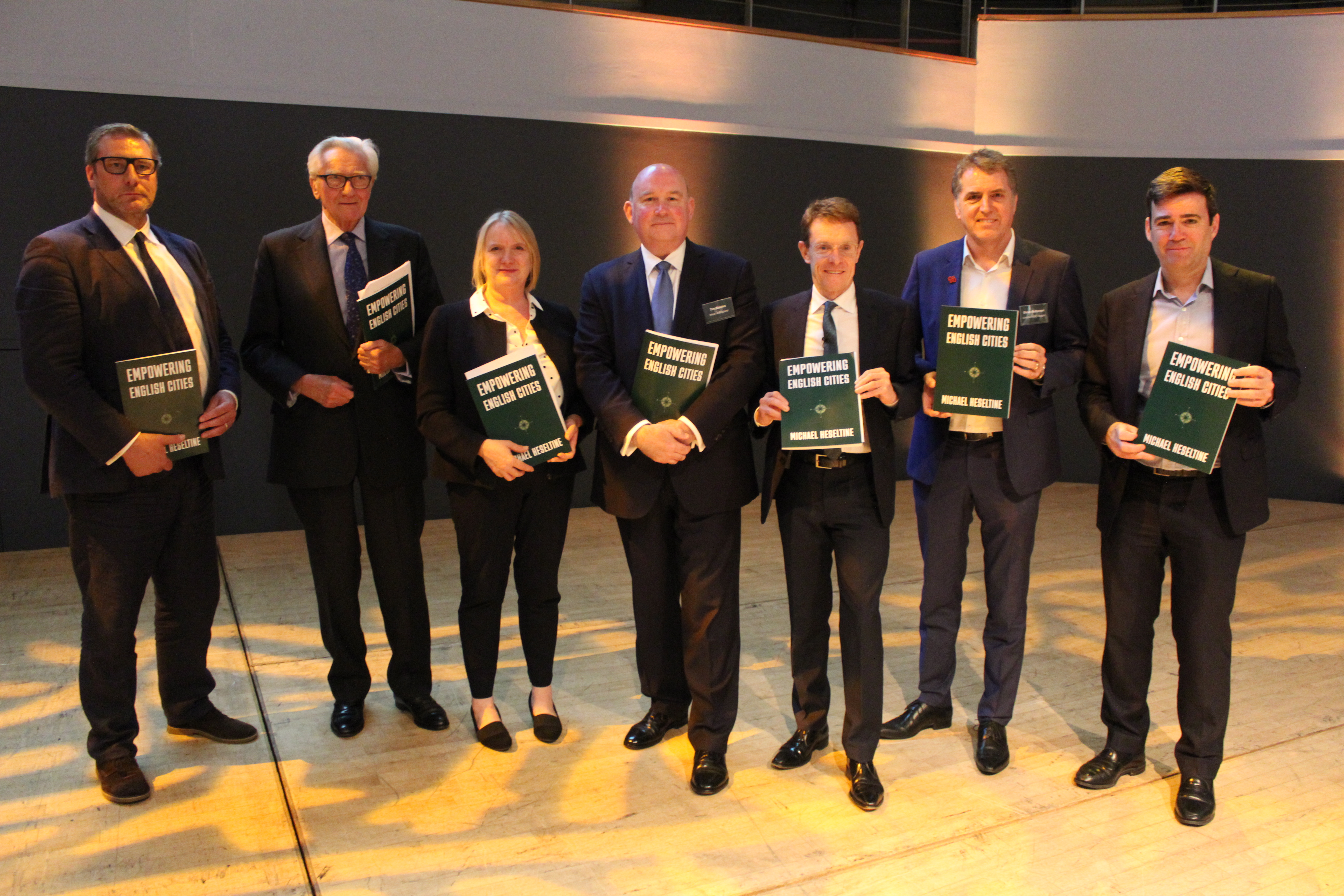 Launch of the Empowering English Cities report.  From left: Mayor of Cambridgeshire and Peterborough James Palmer, Lord Heseltine, Joanne McCartney Deputy Mayor of London, Tim Bowles Mayor of the West of England, Andy Street Mayor of the West Midlands, Steve Rotherham Mayor of Liverpool City Region and Andy Burnham Mayor of Greater Manchester