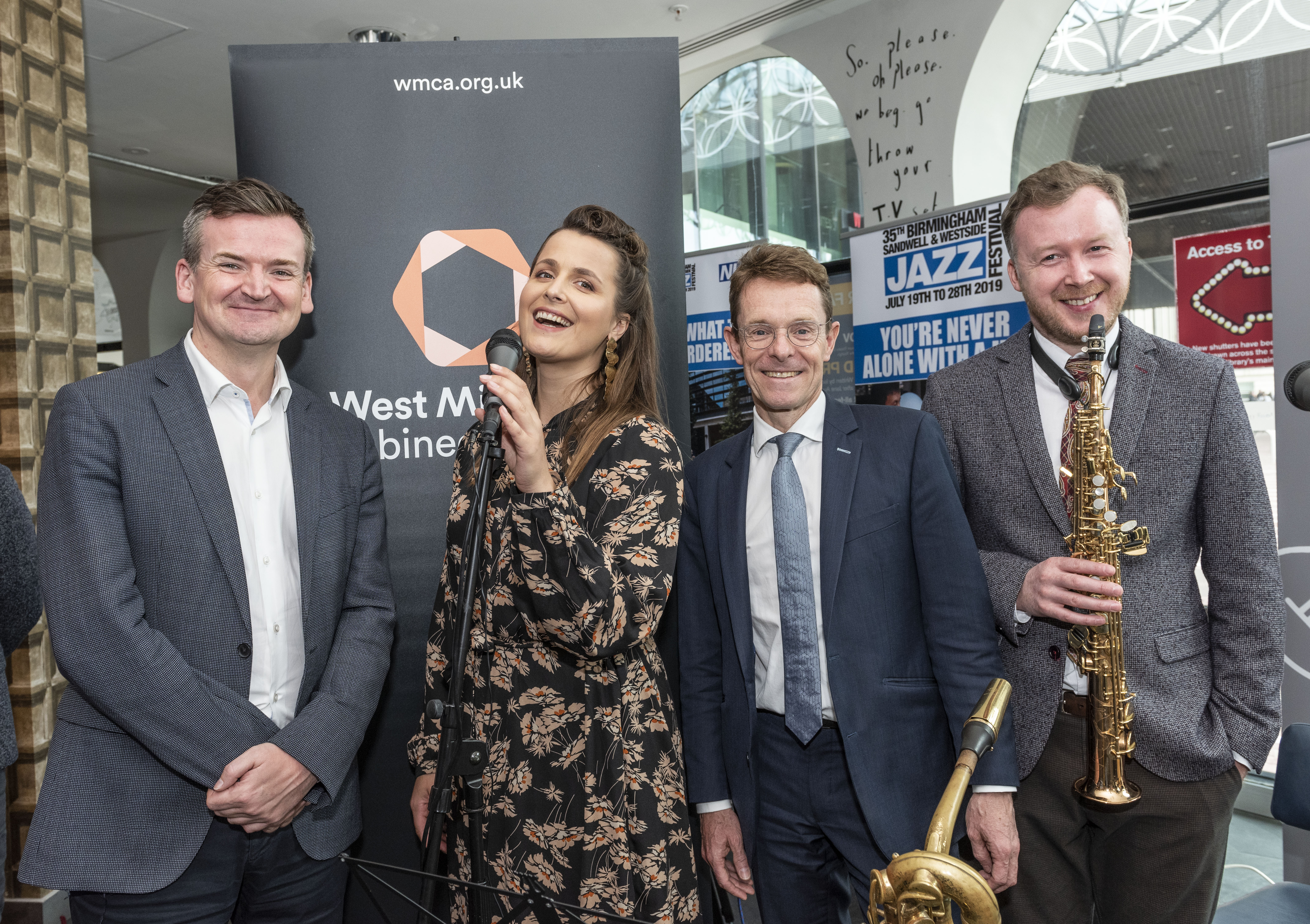 L-R: Pictured at the Birmingham, Sandwell and Westside Jazz Festival are Cultural Leadership Board chair and Coventry City of Culture chief executive Martin Sutherland, Milda Stasaityte from jazz band The Schwings, Mayor of the West Midlands Andy Street and Remigijus Rancys from The Schwings