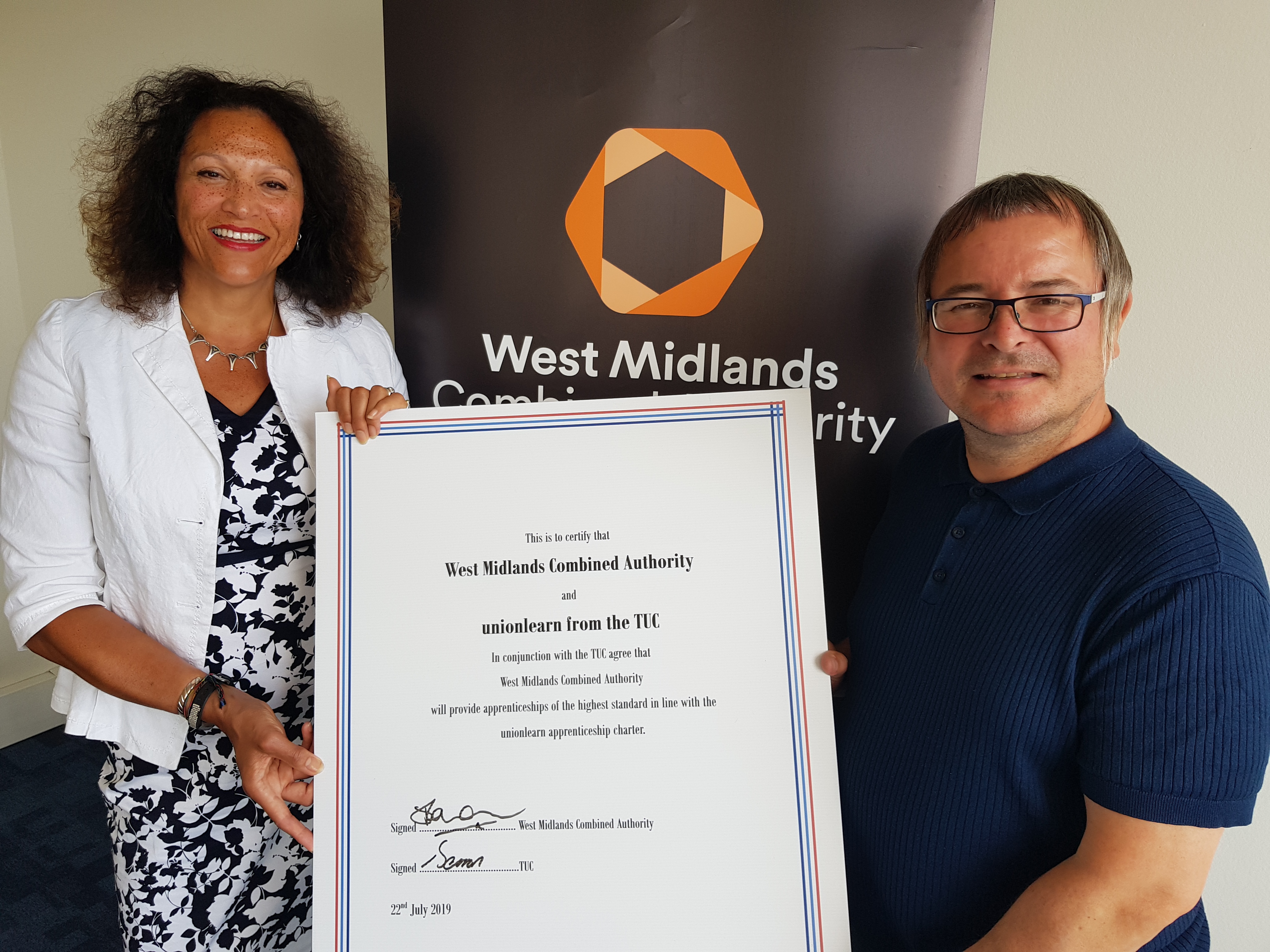 WMCA chief executive Deborah Cadman OBE with Lee Barron, Midlands regional secretary for the TUC, after signing the Apprenticeship Charter