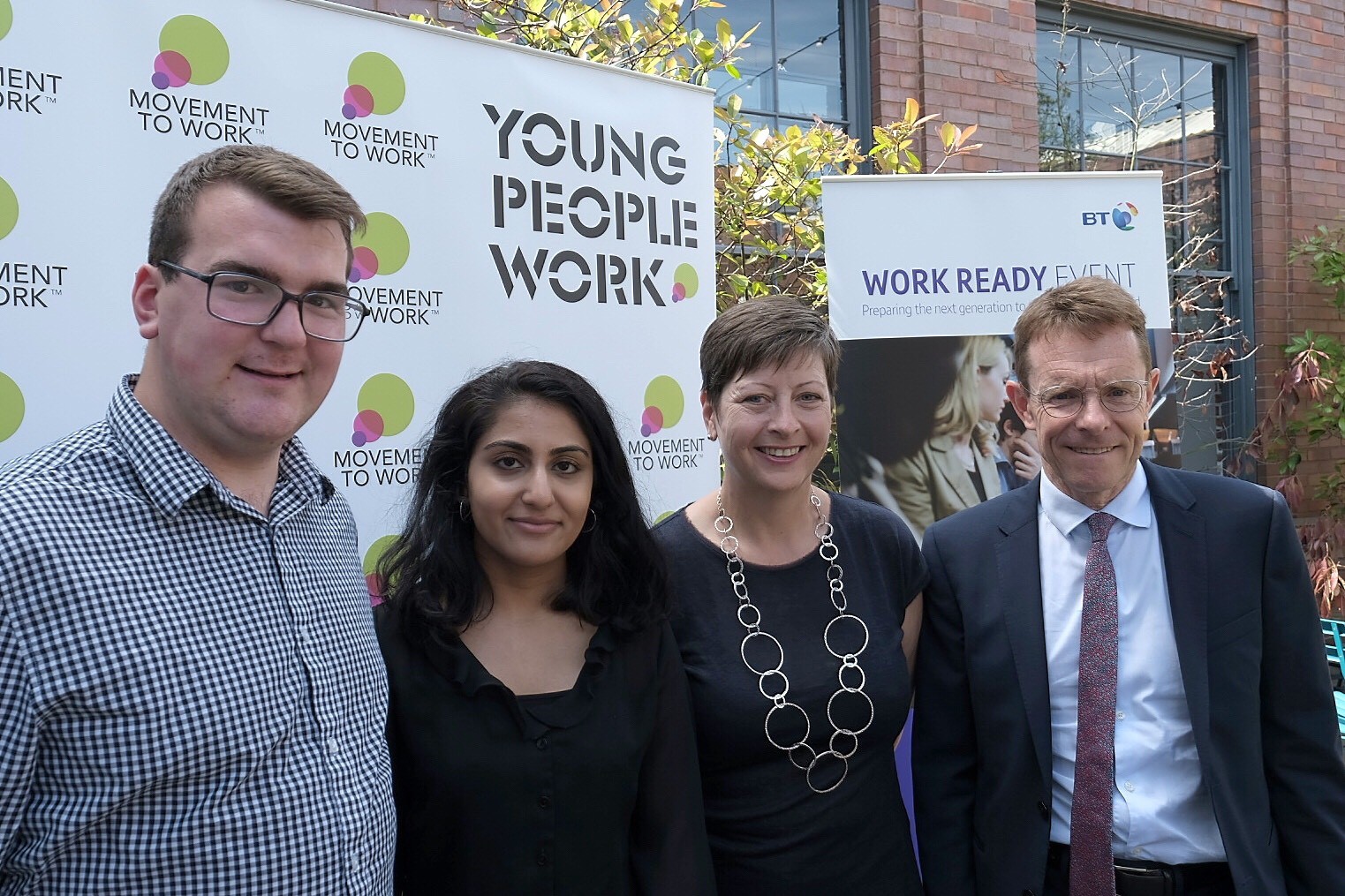 Work placement graduates James Lovell, 23, and Balkirit Poonia, 21, with Liz Williams, director of digital society at BT, and Mayor of the West Midlands, Andy Street