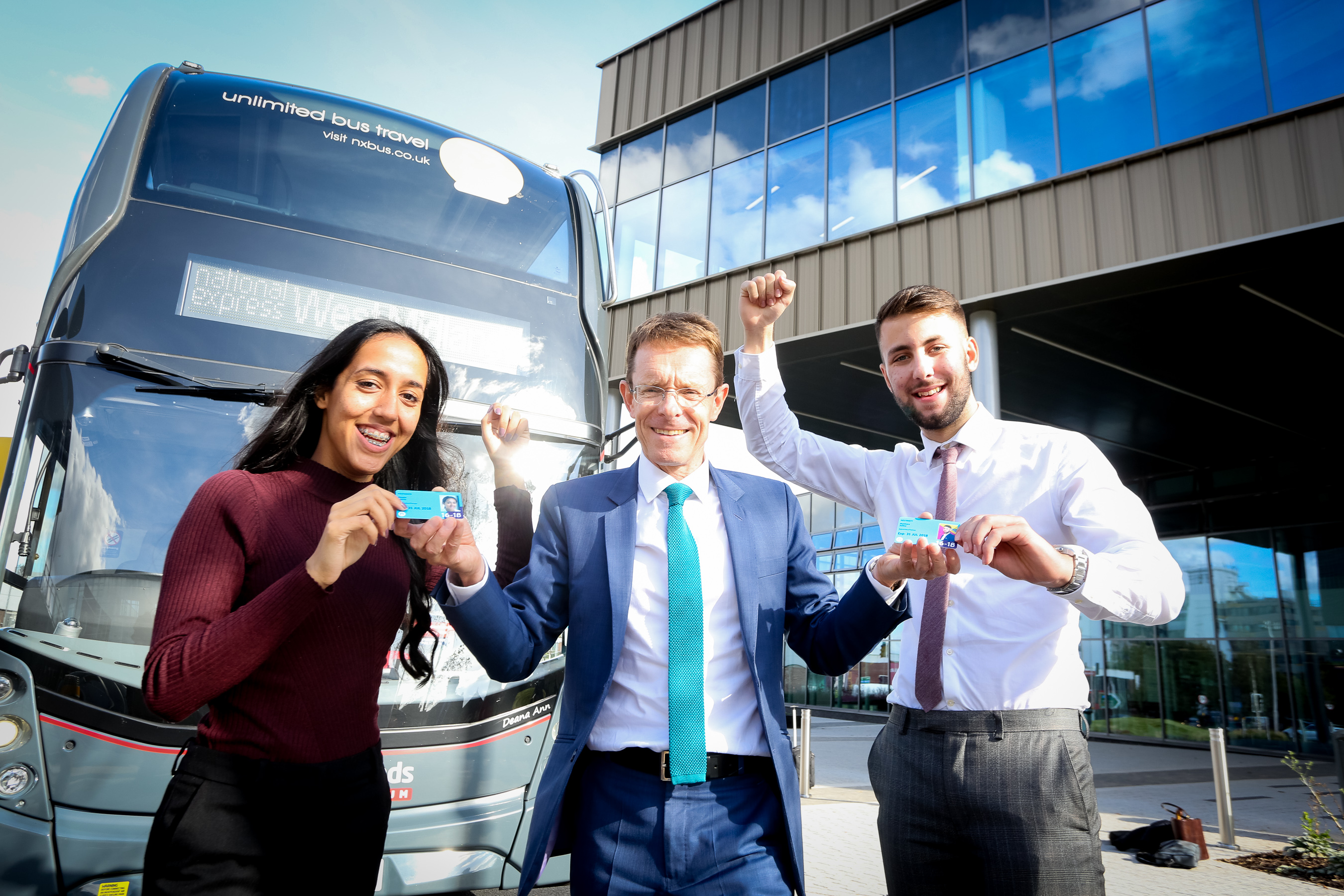 Mayor of the West Midlands Andy Street is pictured in the centre with apprentices Alyssia Samra and Matthew Astley, when half-price travel for all 16 to 18-year-olds was launched two years ago