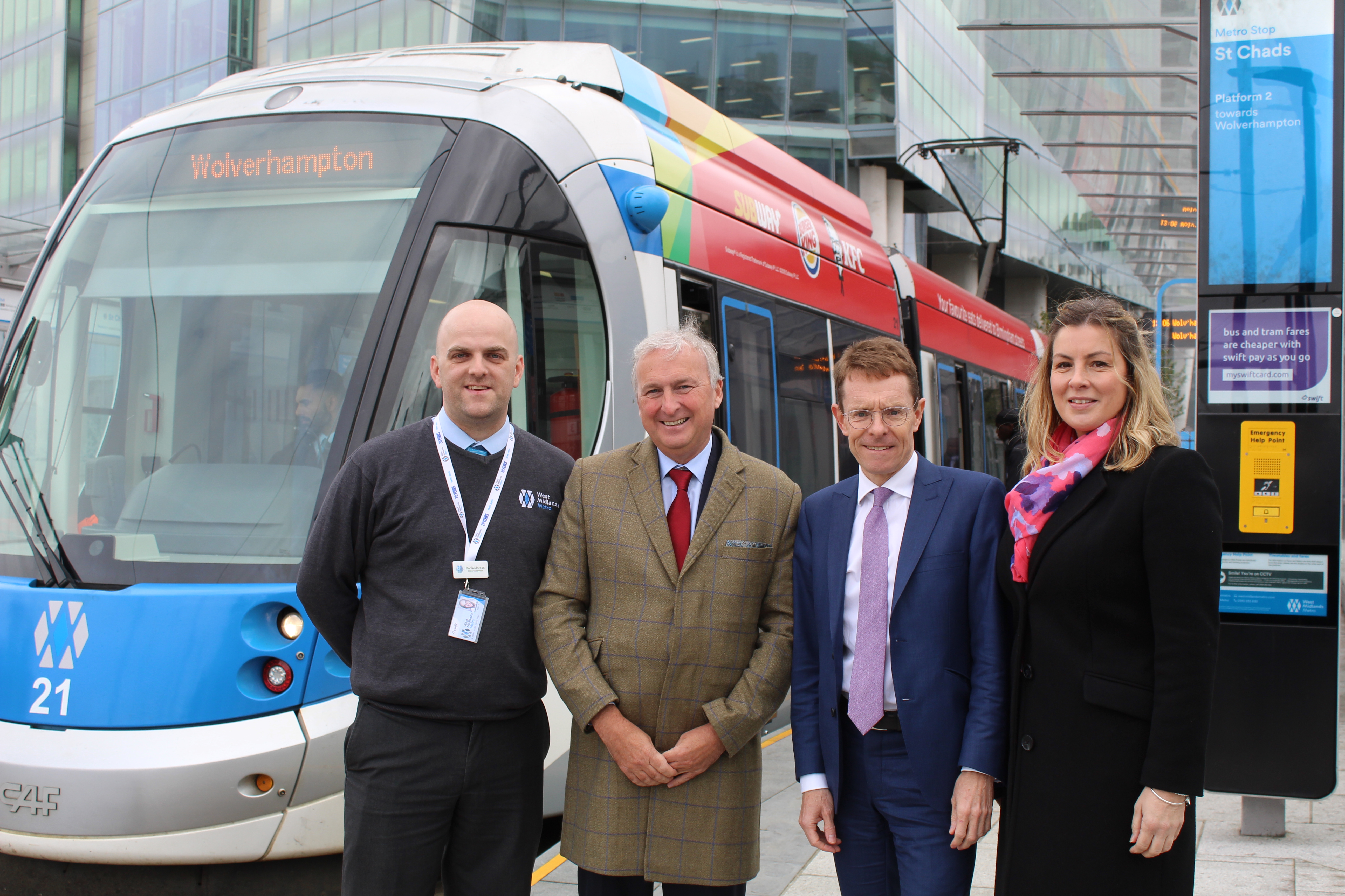 LtoR: Dan Jordan, crew supervisor for West Midlands Metro, Cllr Ian Ward, WMCA portfolio holder for transport and leader of Birmingham City Council, Andy Street, Mayor of the West Midlands, and Kate Austen, business development manager with CAF