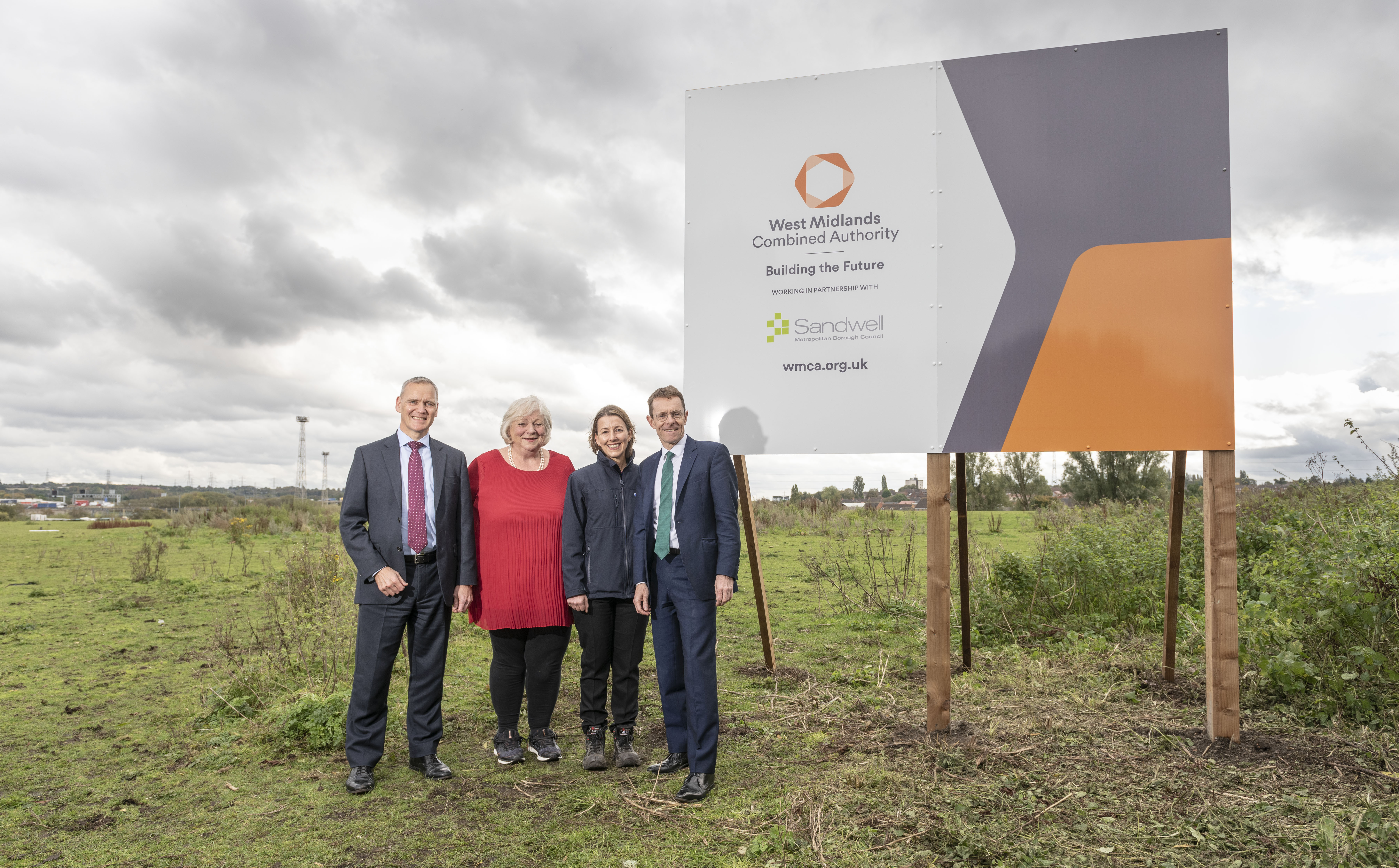 David Warburton WMCA head of land and development, Cllr Yvonne Davies Sandwell Council leader, Julie Rossiter head of property development for Severn Trent and Andy Street Mayor of the West Midlands, at the Friar Park site