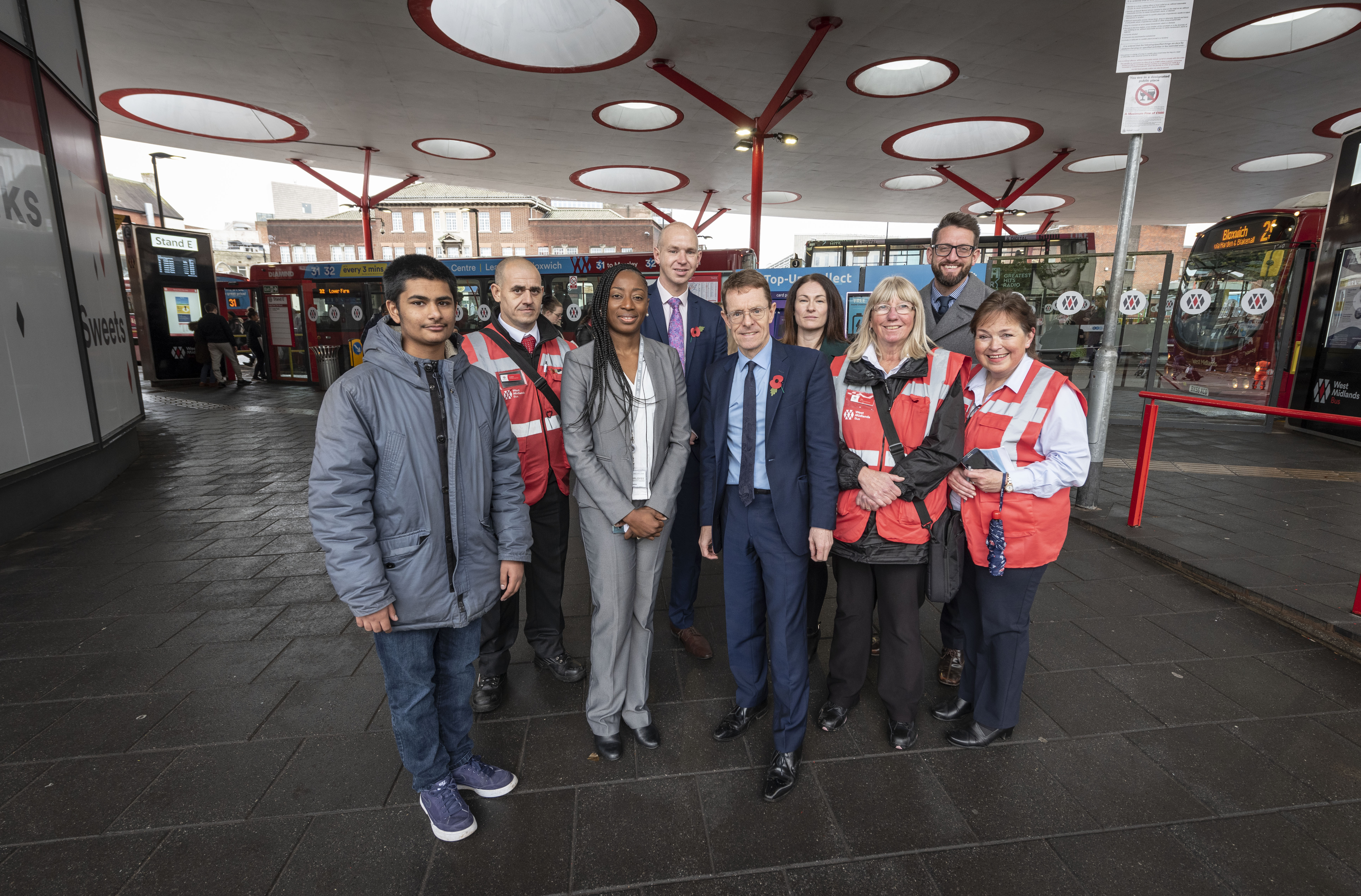 Asad Kalang (WM Young Combined Authority), Andrew Ward (bus station supervisor TfWM), Bukky Okusanya (project manager WMCA), Andrew Thrupp (operations manager TfWM), Mayor of the West Midlands Andy Street, Louise Collins (Transport Focus), Sue Tycer (bus station supervisor TfWM), Adam Rideout (National Express), Sue McCormack (bus station manager TfWM)