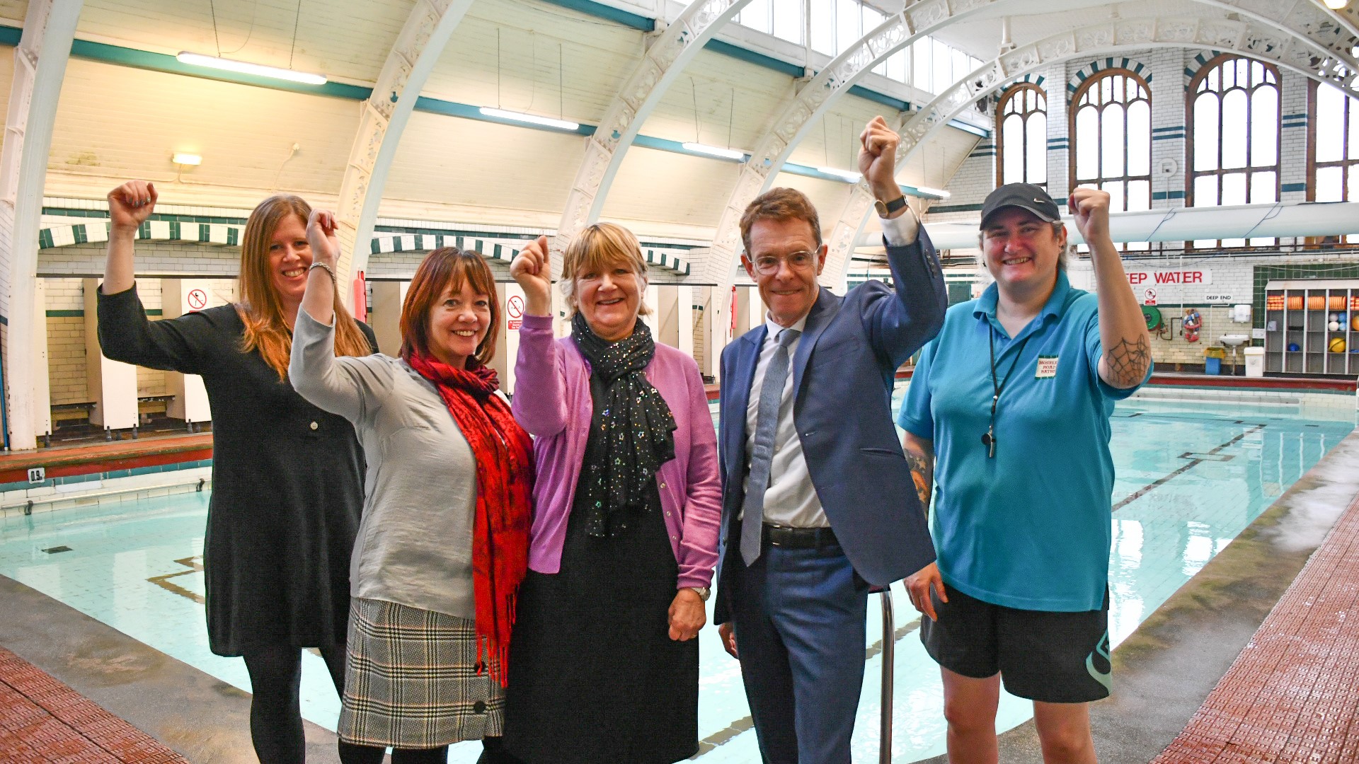L-R Kat Pearson, trustee at Moseley Road Baths CIO, Carole Donnelly and Gillian Morbey, co-chairs of the Social Economy Taskforce, Mayor of the West Midlands Andy Street and Viv Harrison, general manager of Moseley Road Baths