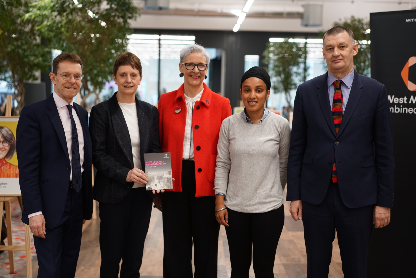 From left:  Mayor of the West Midlands Andy Street, Jane Findlay, President Elect Landscape Institute, Sarah Weir CEO Design Council, Immy Kaur founder of Civic Square and Nick Walkley, chief executive of Homes England