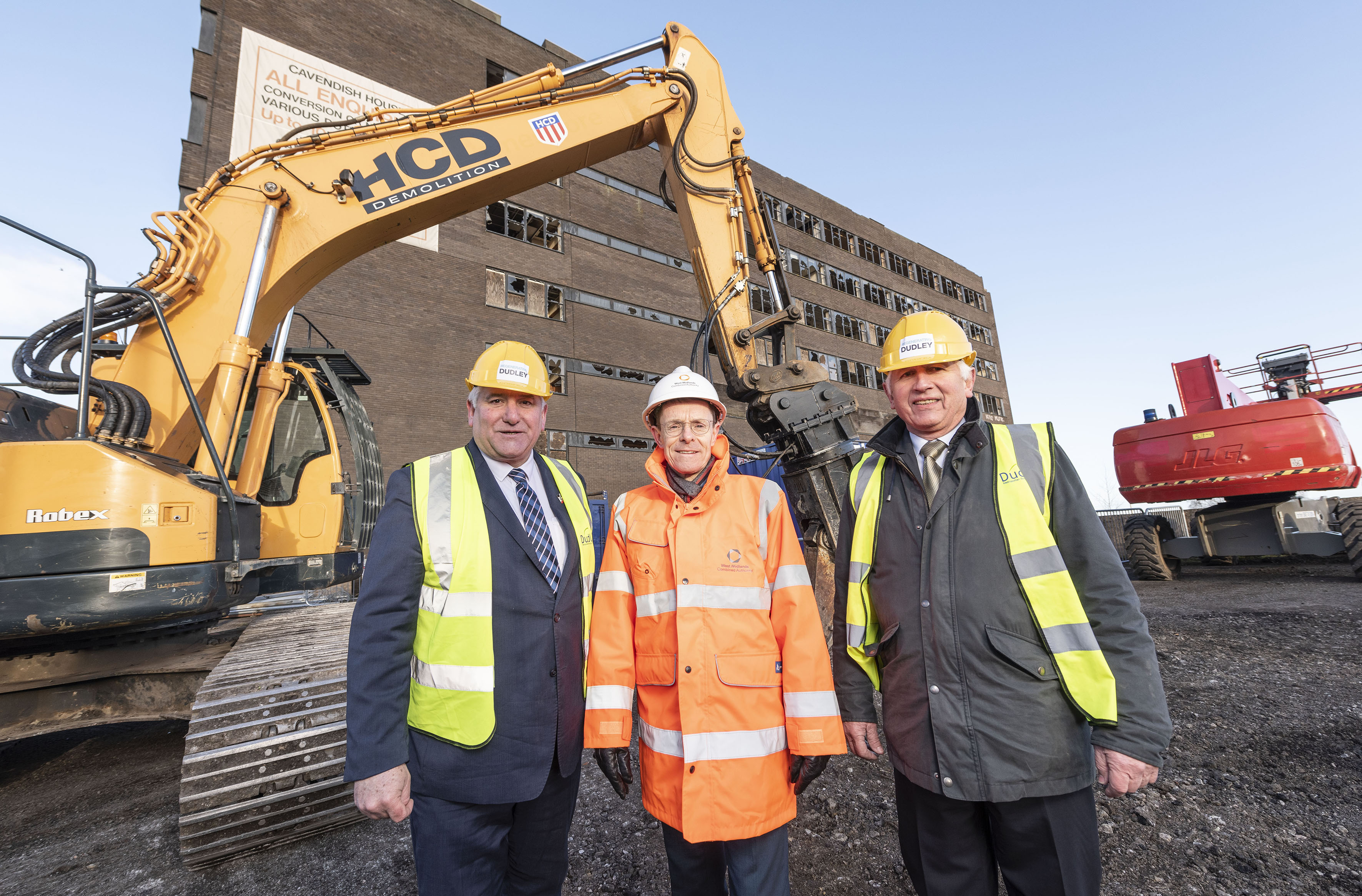 From left; Cllr Pat Harley, leader of Dudley Council, Mayor of the West Midlands Andy Street and Jeremy Knight-Adams, owner of developers Avenbury Dudley at the derelict Cavendish House which is set to be demolished after blighting the Dudley skyline for decades