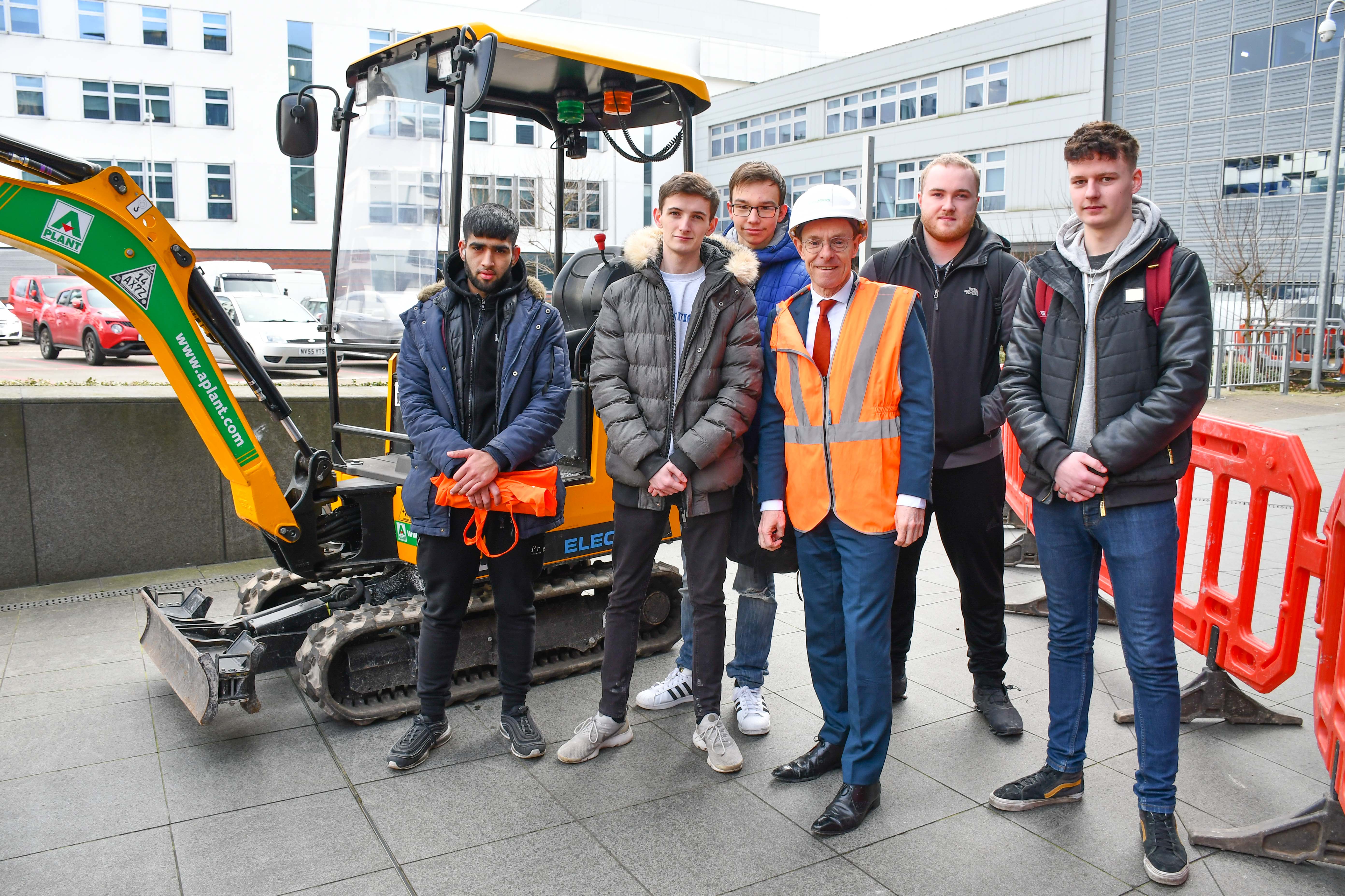 Mayor of the West Midlands Andy Street (fourth from left) meets (L-R) students Ibrahim Ali, Thomas Savory, Connor Oldale, Rhys Fieldhouse and Brandon Edwards at Plant Construction Careers Live