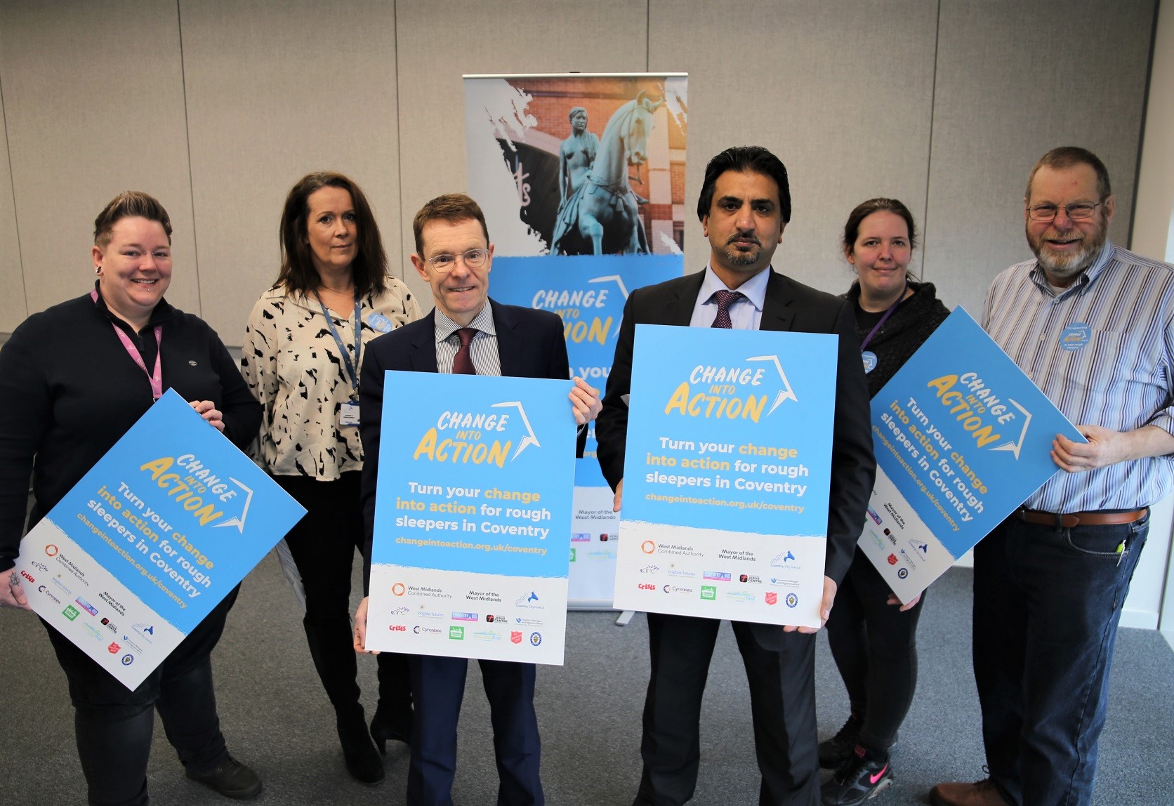 From left: Melissa Russell, Change Grow Live Coventry; Sophie Hall, Housing and Homelessness Commissioning Manager; Andy Street, Mayor of the West Midlands; Cllr Tariq Khan, Cabinet Member, Housing and Communities; Sam Barker, The Arc; and Nobby Clarke, Coventry Emergency Shelter.