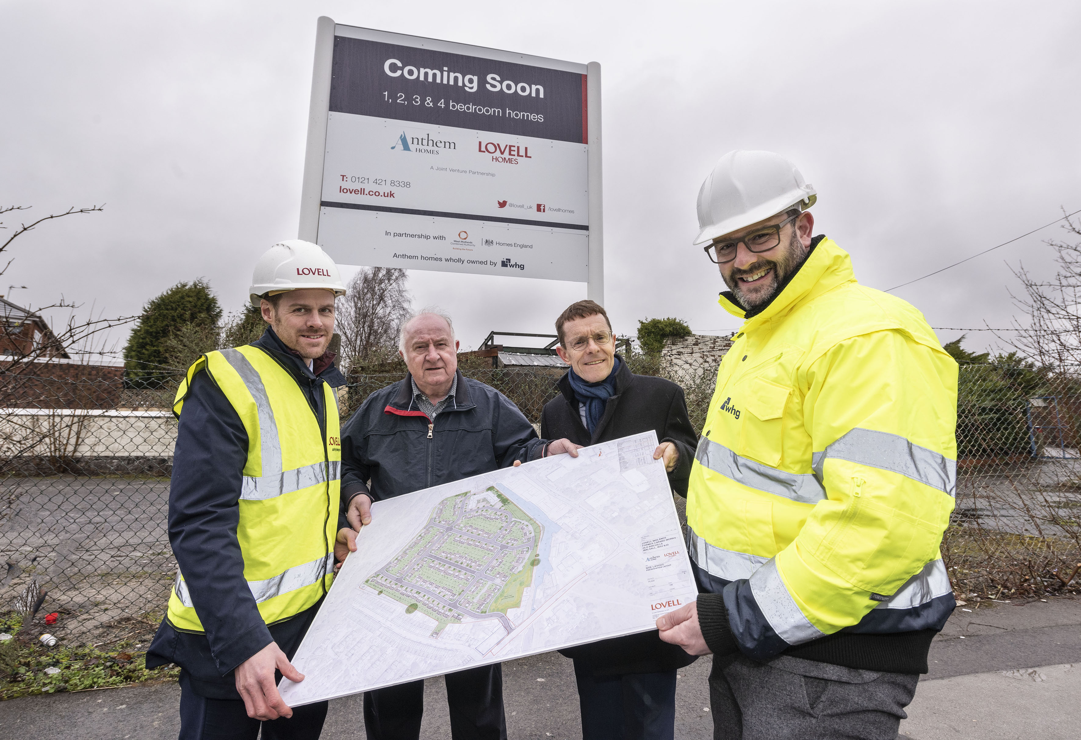 From left: Stuart Penn, regional managing director for Lovell, Cllr Mike Bird, leader of Walsall Council and WMCA portfolio holder for housing, Mayor of the West Midlands Andy Street and Duncan Smith, commercial director of whg