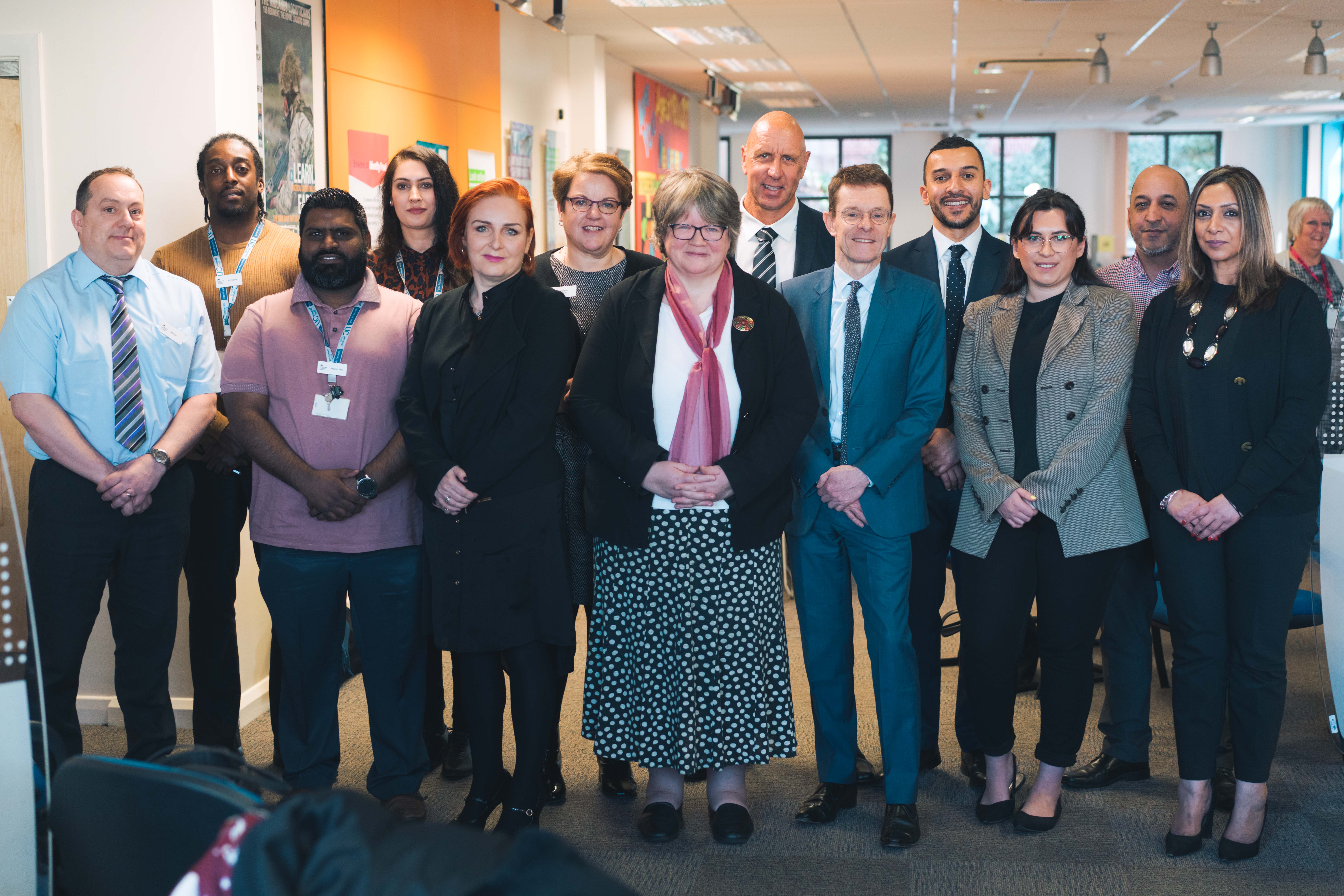 Visiting West Bromwich Jobcentre, (fourth left) Thérèse Coffey, Secretary of State for Work and Pensions, meets (fifth left) Mayor of the West Midlands Andy Street, (sixth left) Nicola Richards MP for West Bromwich East, with youth employability advisors and representatives from Jobcentre Plus and the WMCA