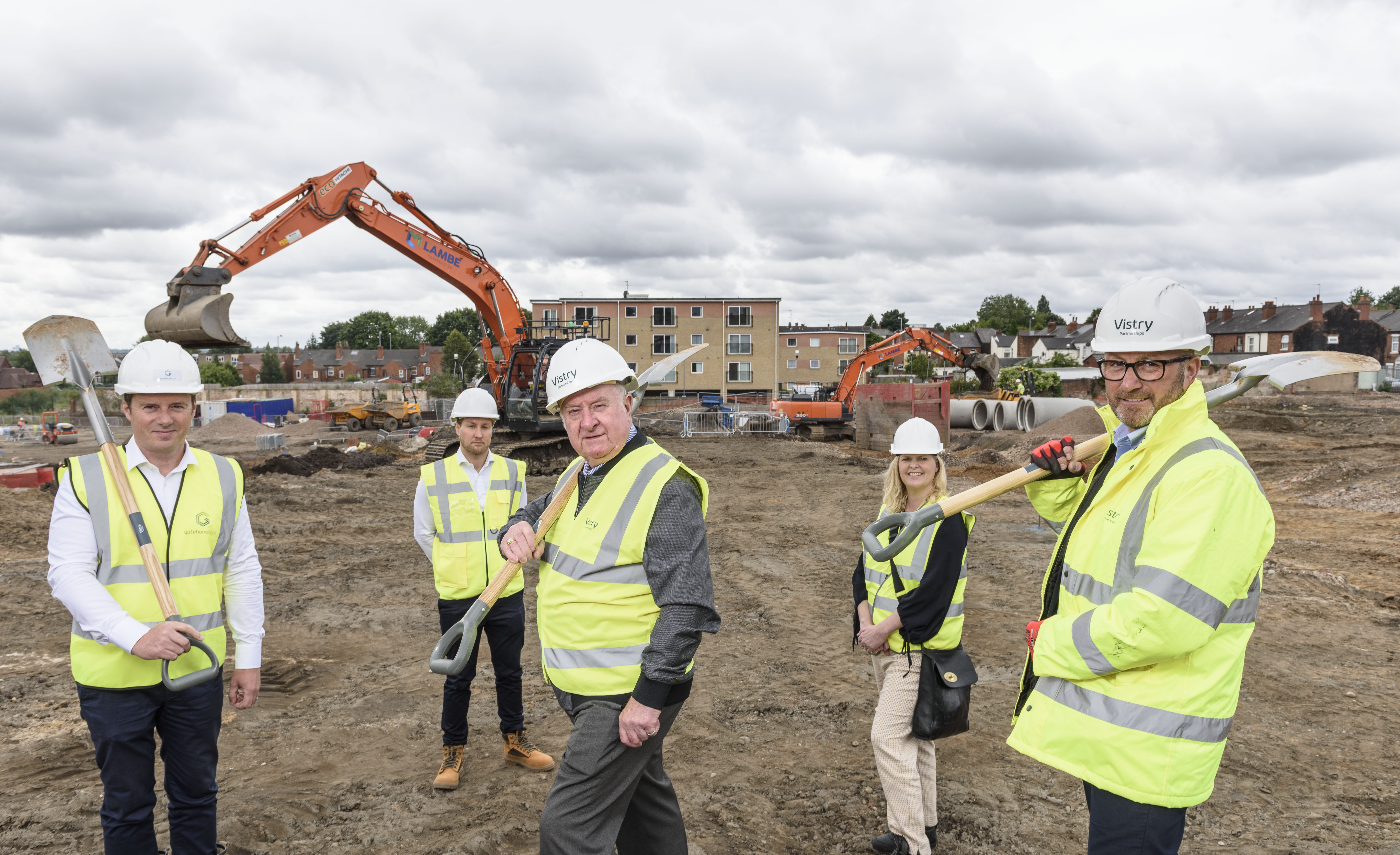 l-r Paul Stockwell, Gatehouse Bank, Ged McPartlin, Ascend, WMCA portfolio holder for housing and land Cllr Mike Bird, Rebecca Bennett, WHG and Darren Beale, Vistry Partnerships at the former Harvestime Bakery site in Walsall.