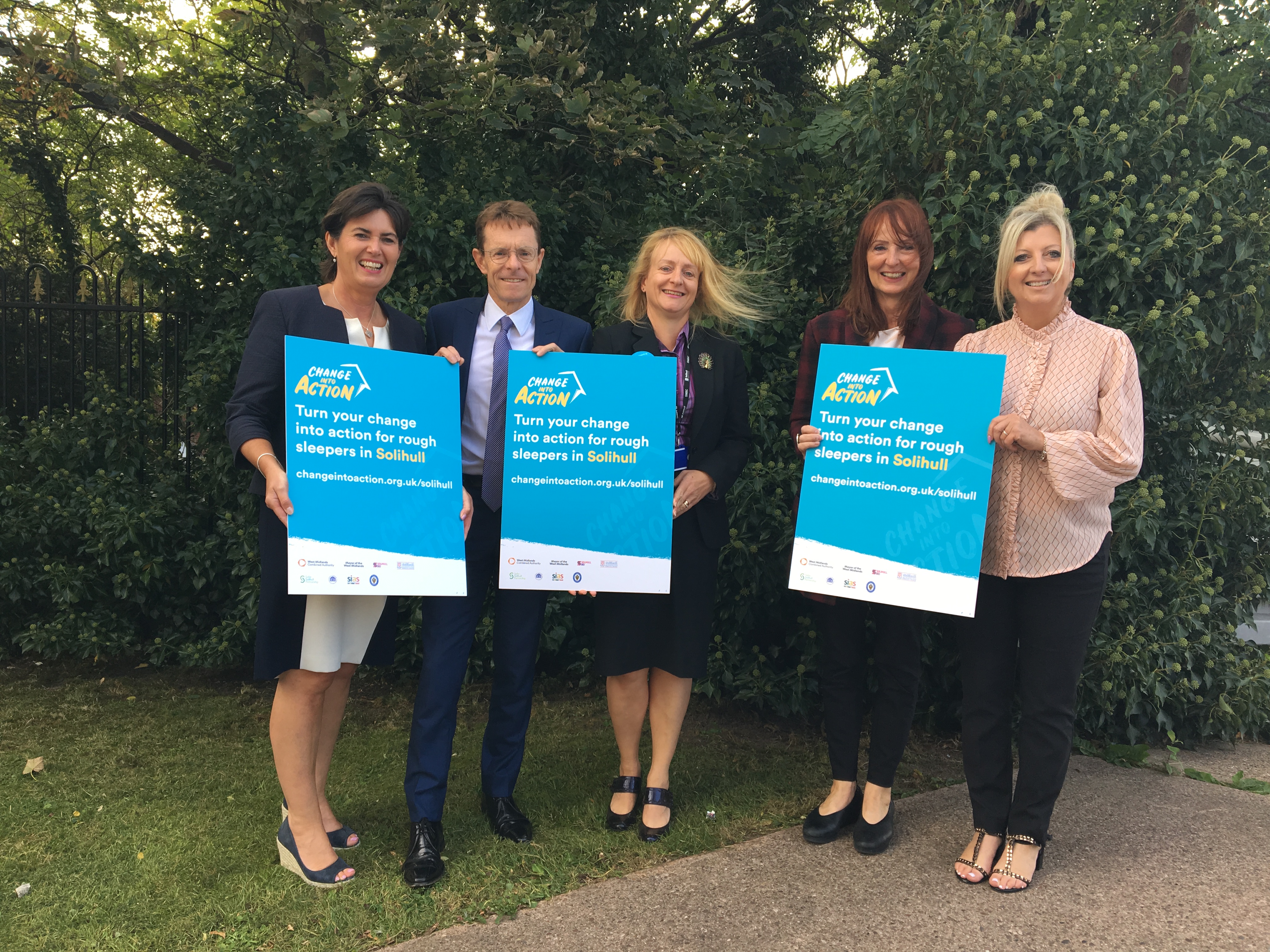 left to right, Cllr Karen Grinsell, Mayor of the West Midlands - Andy Street, Cllr Alison Rolf, Chair of the WMCA homelessness Task Force - Jean Templeton and Chief Executive of Solihull BID - Melanie Palmer at the launch of Solihull Change into Action on 12 September 2019.