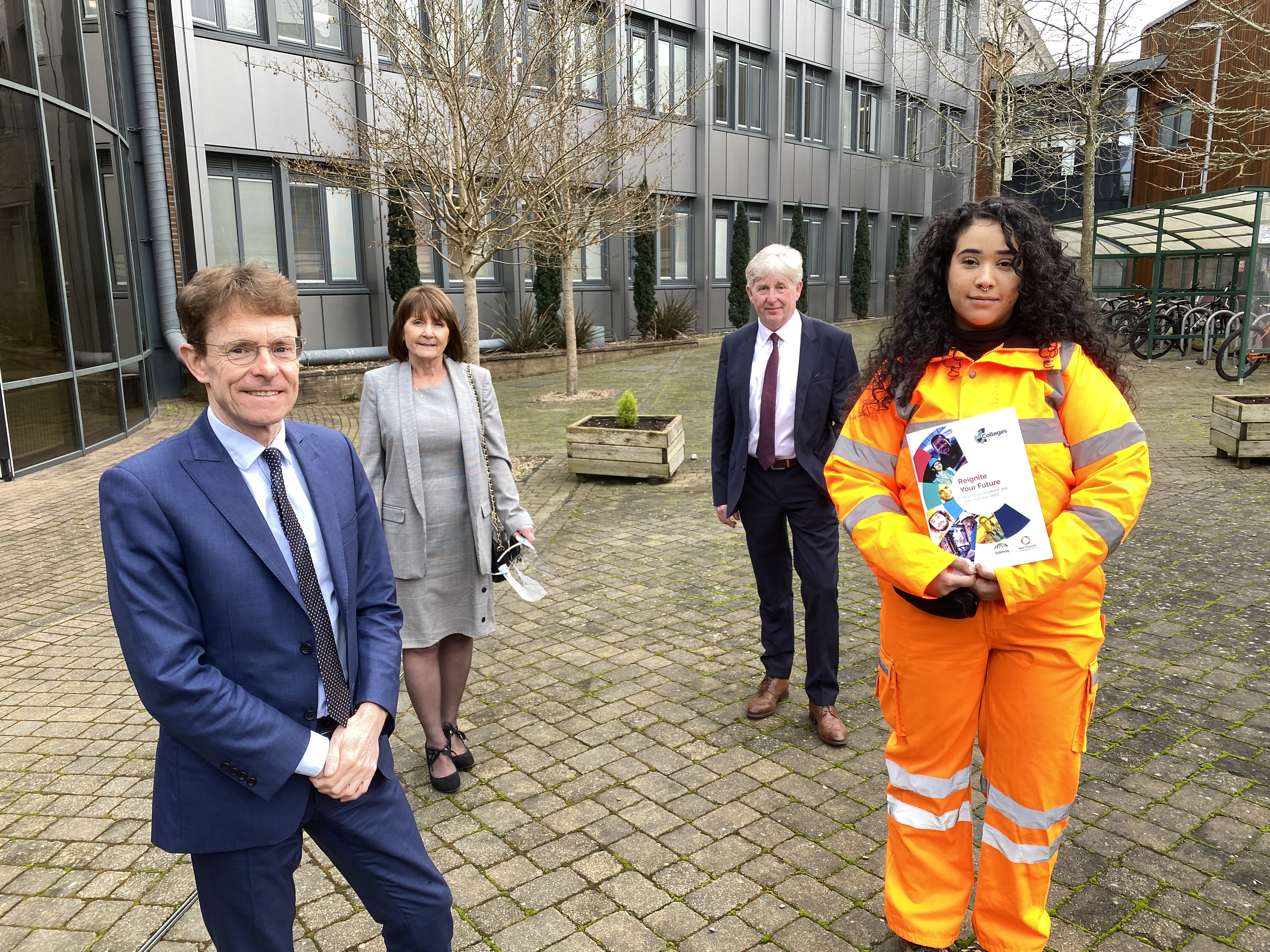 Pictured at the launch of ‘Reignite Your Future’ are L-R  Andy Street, Mayor of the West Midlands, Rose Rees, head of engagement and skills at Midland Metro Alliance, Lowell Williams, Chair of Colleges West Midlands, and Iman Khan, who is on a construction training programme