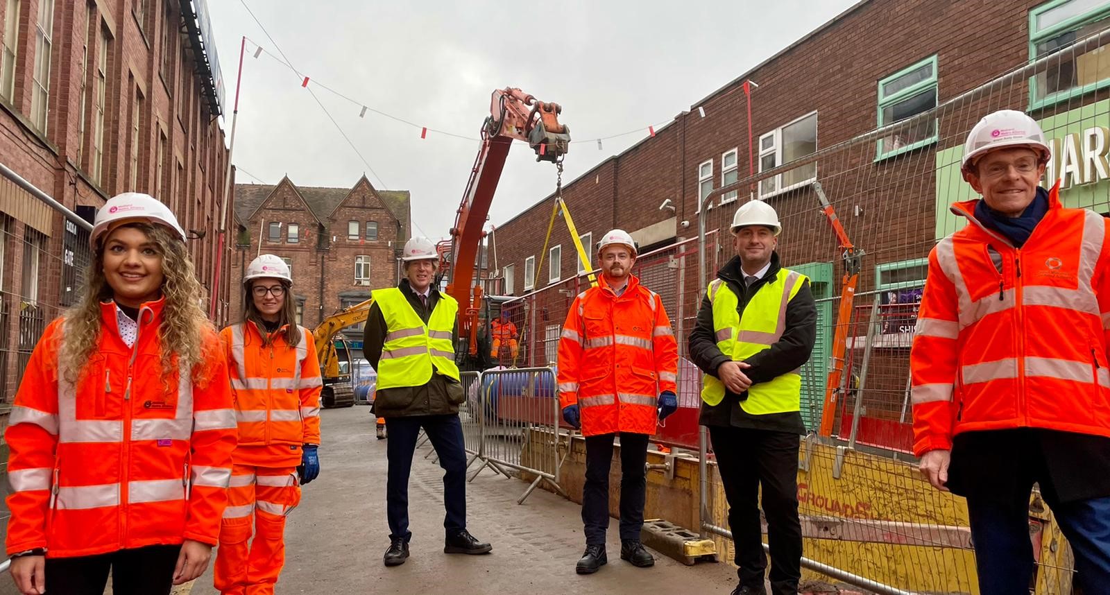 Mayor of the West Midlands Andy Street, joined by James Betjemann, Head of Curzon and Enterprise Zone Development at Birmingham City Council, Matthew Rhodes, Board Director, Greater Birmingham and Solihull Local Enterprise Partnership and workers at the alliance to mark the utility diversions well underway in Digbeth for the Birmingham Eastside Metro extension