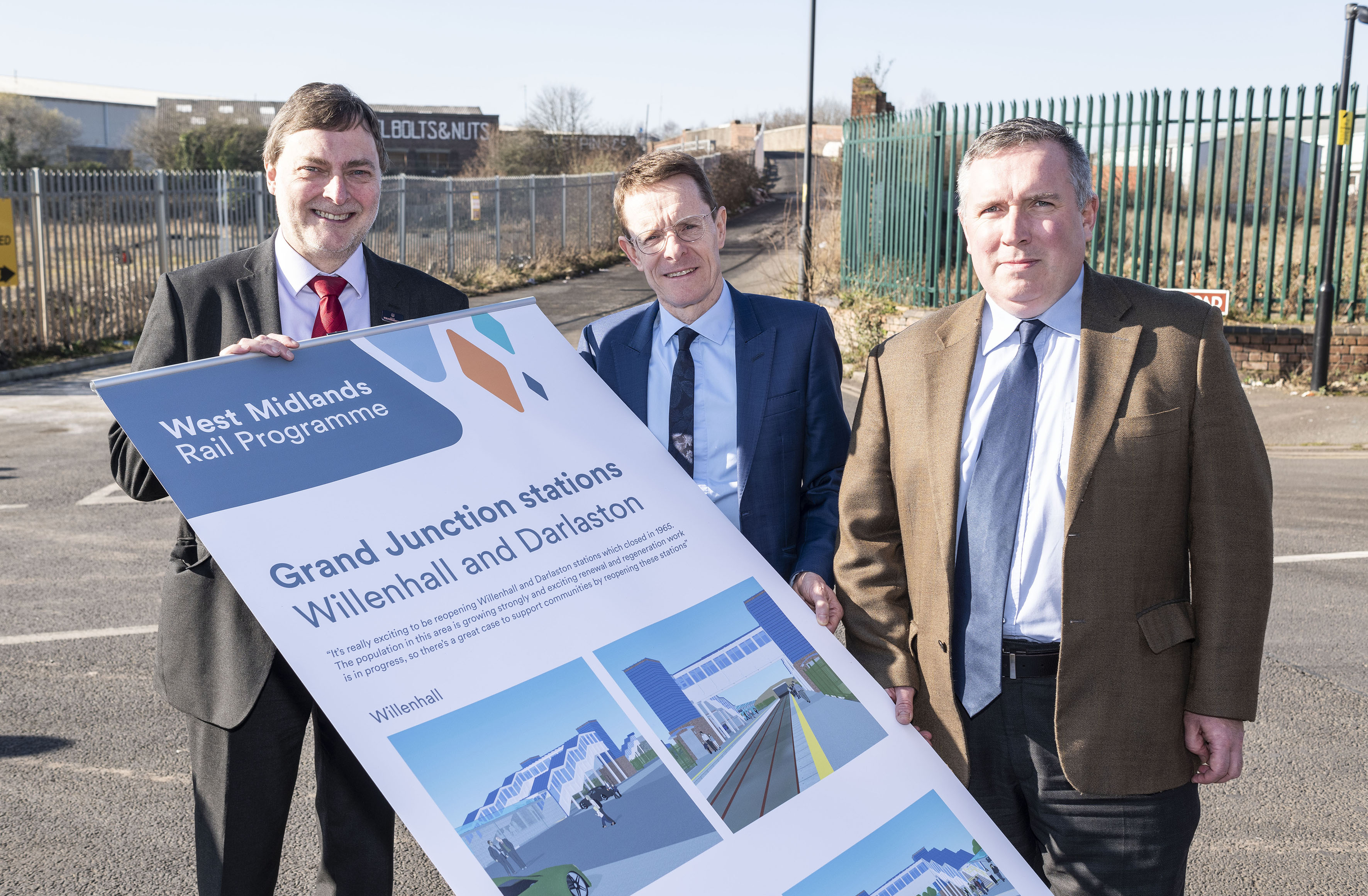Cllr John Reynolds, City of Wolverhampton Council, Mayor of the West Midlands Andy Street and cllr Adrian Andrew, Walsall Council unveiled the plans at the Darlaston station site in 2019
