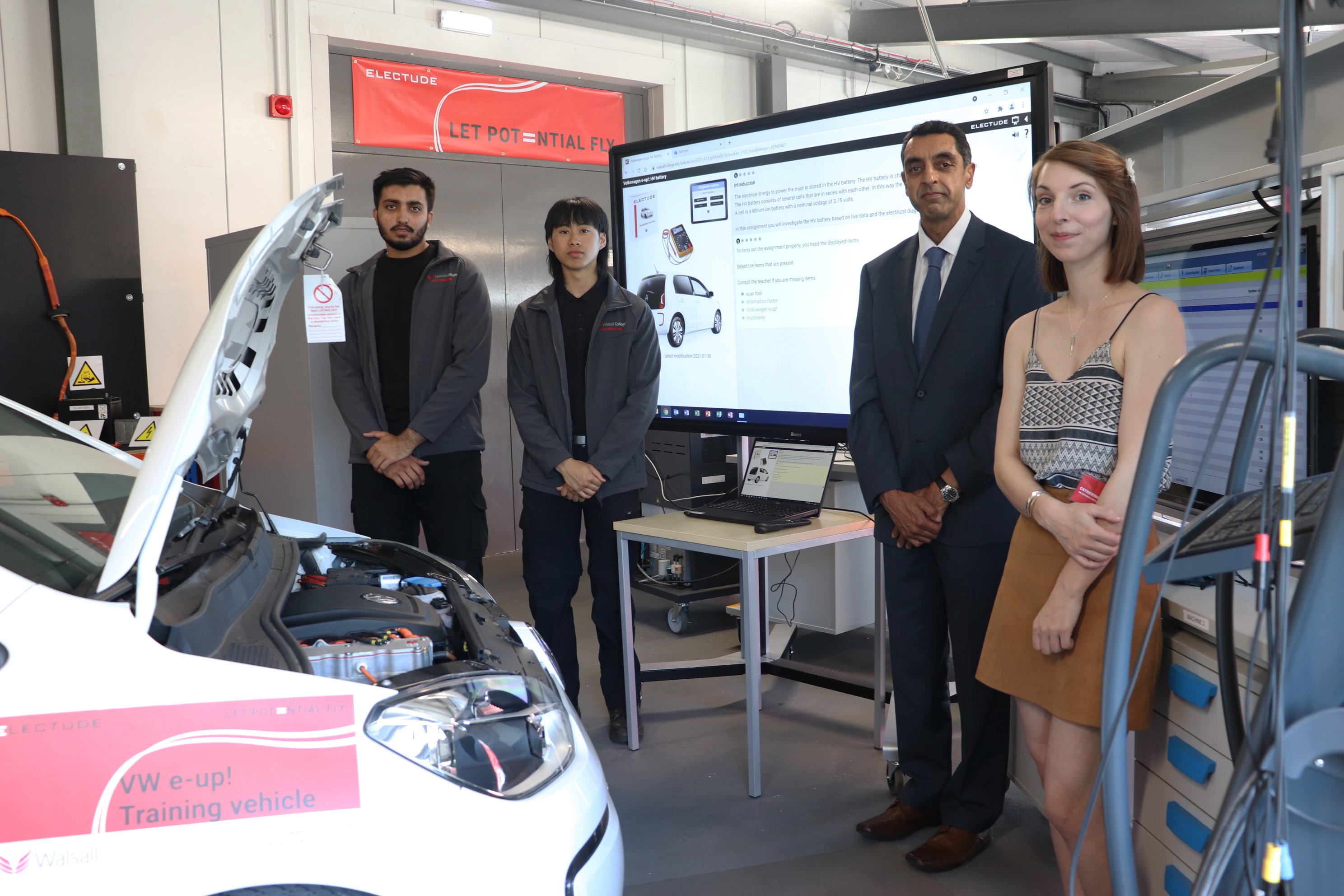 L-R Students Bhupinder Johal and Marcus Alarcon are pictured at the launch with Walsall College principal Jatinder Sharma and Catherine Treanor of Electude