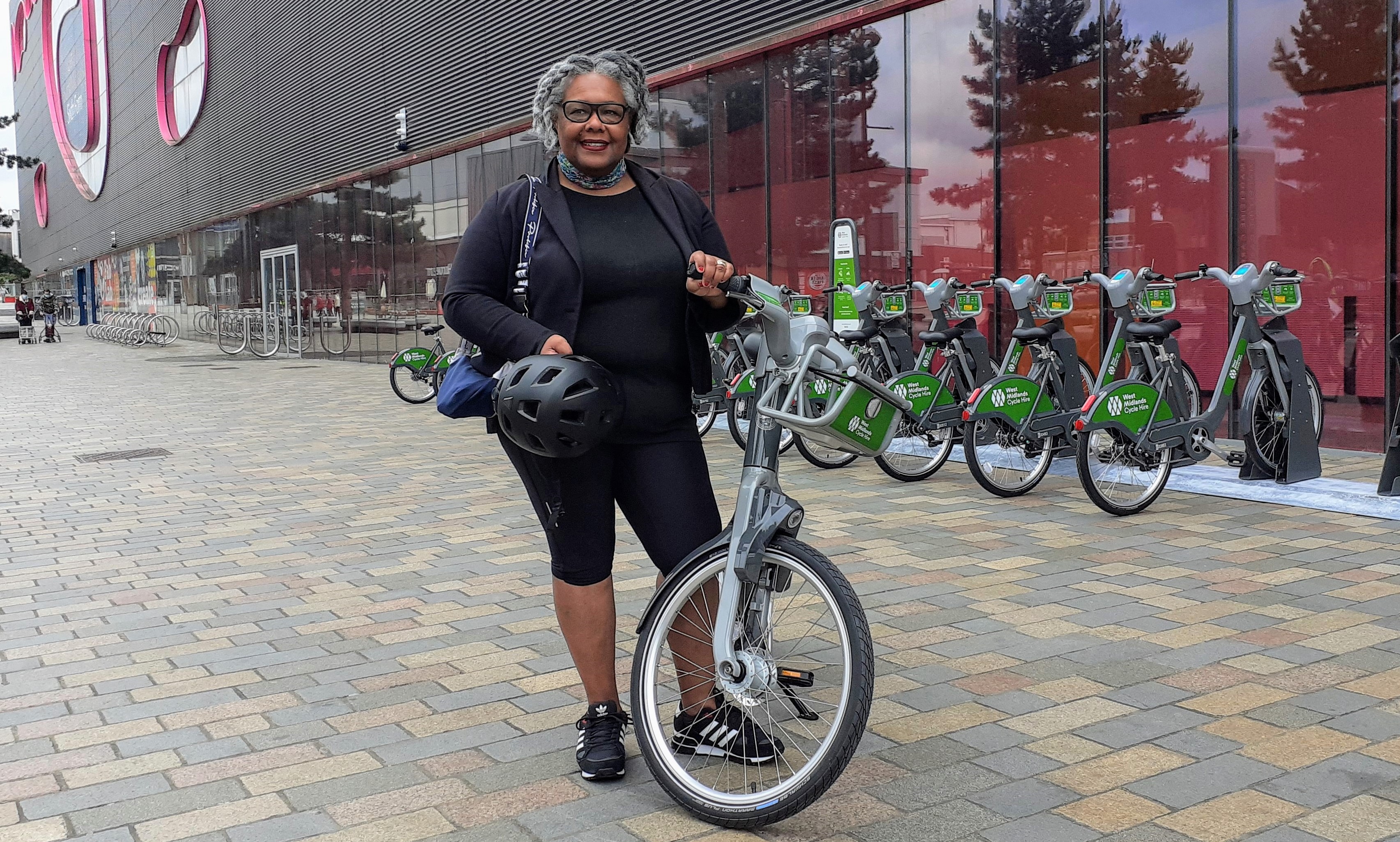 Cllr Jackie Taylor tries a West Midlands Cycle Hire bike