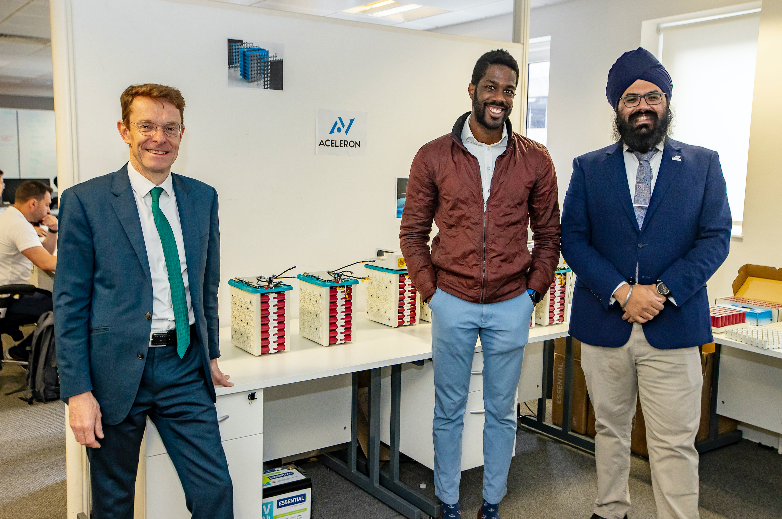 Mayor Andy Street with Aceleron co-founders Carlton Cummins and Dr Amrit Chandan