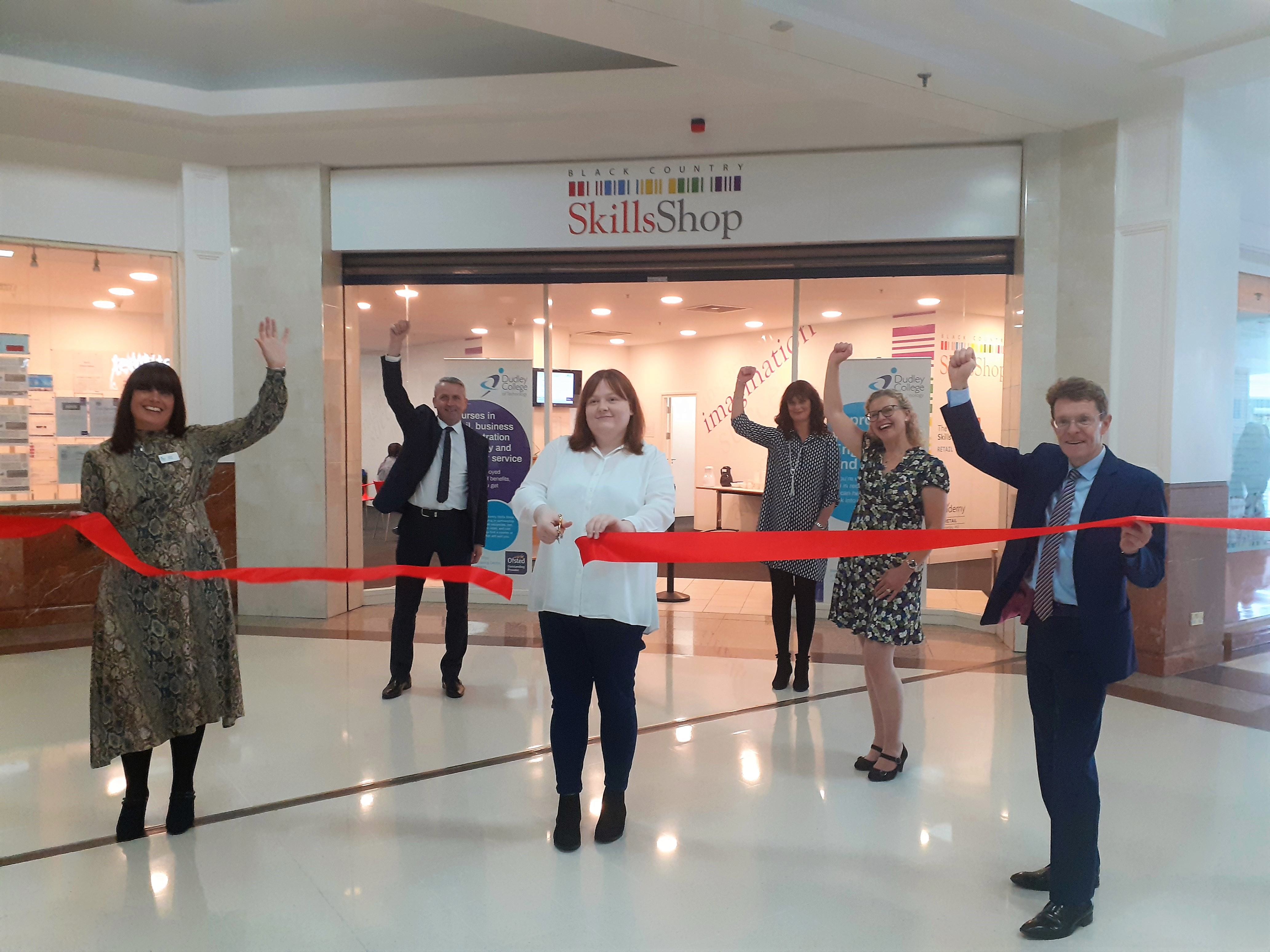 From left: Jennie Davies, DWP, Jonathan Poole Merry Hill Centre manager,  Jemma Ettle, Alison Marshall, Dudley College of Technology, Cllr Ruth Buttery, Dudley Council and West Midlands Mayor Andy Street