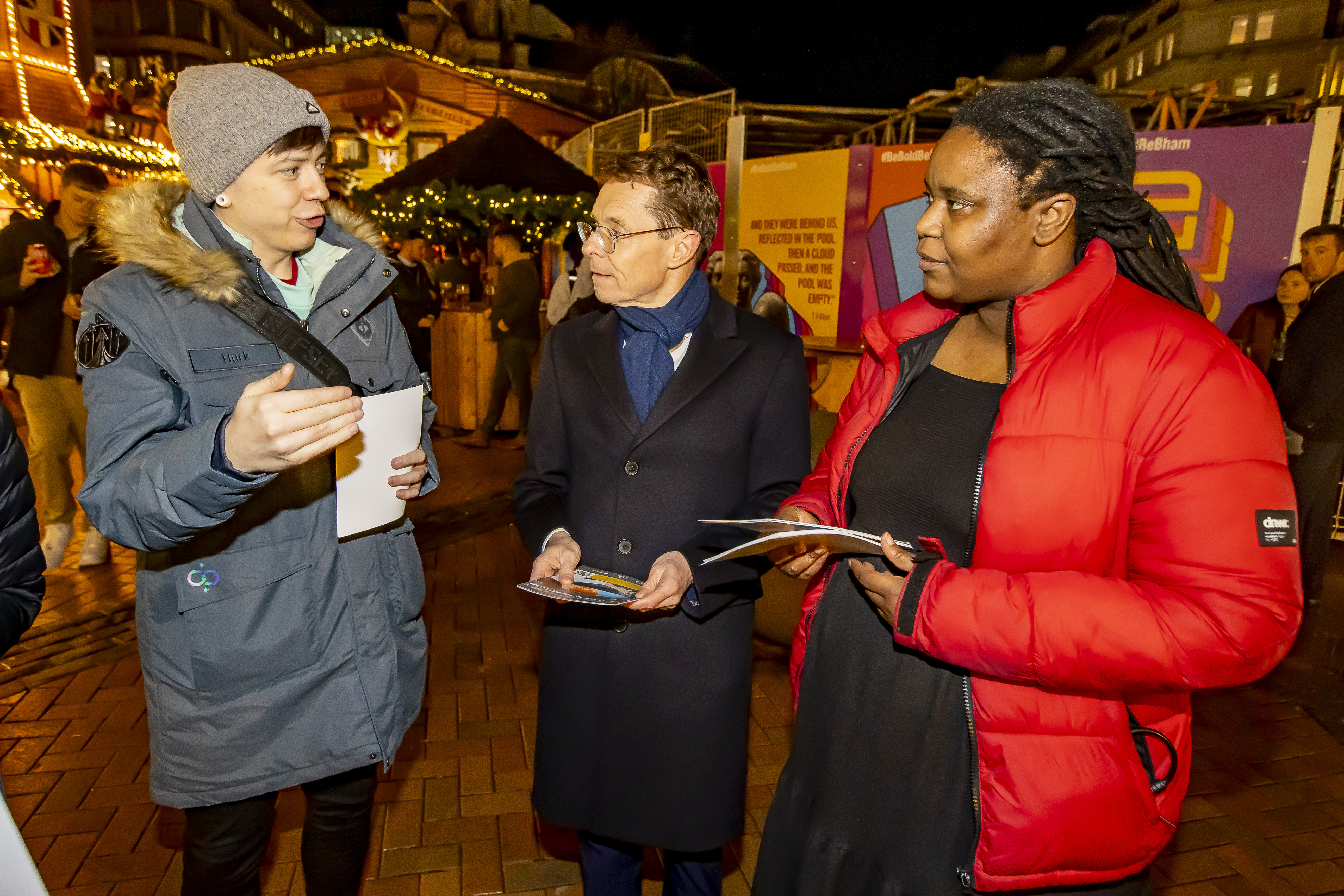 Andy Street, Mayor of the West Midlands, and Cllr Sharon Thompson, chair of the WMCA Homelessness Taskforce Members Advisory Group, speak with visitors at the Birmingham Christmas Market.