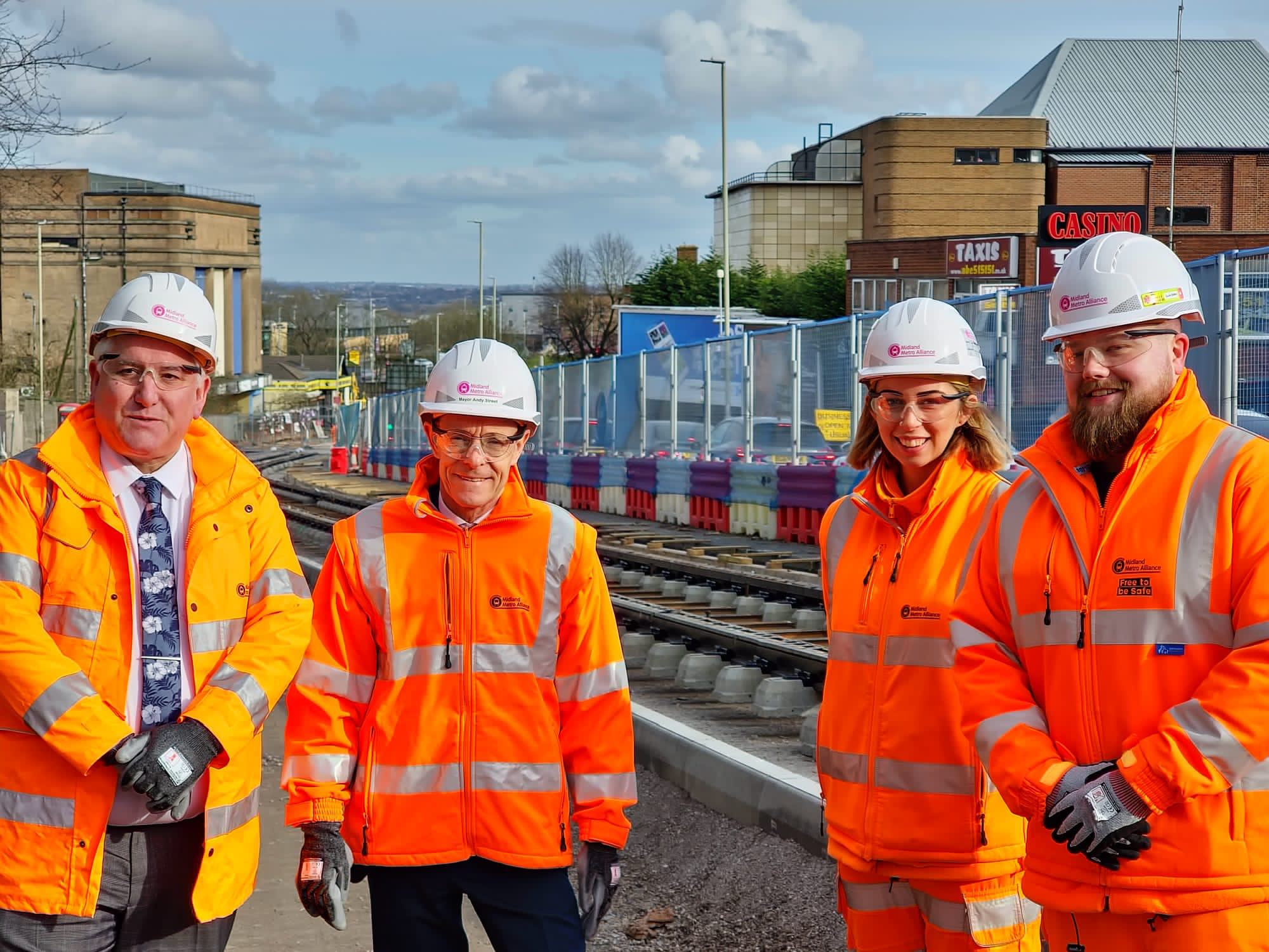 From left: Cllr Patrick Harley, Leader of Dudley Council, Mayor of the West Midlands, Andy Street, Grace Hayward, assistant delivery manager at MMA and Jacob Hodson, MMA's assistant project manager.