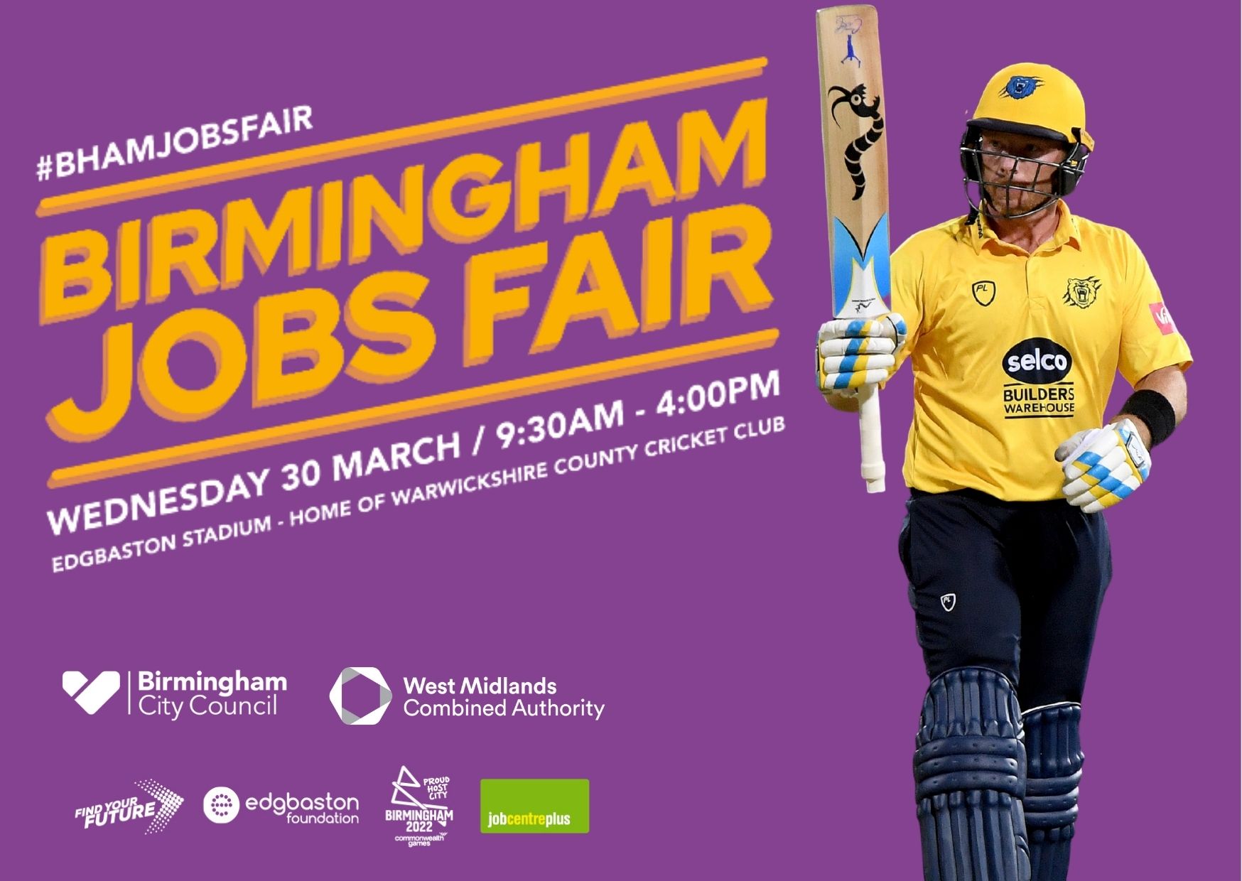 Birmingham Jobs Fair takes place from 9:30 am – 4:00pm on Wednesday 30th March at Edgbaston Cricket Ground, Edgbaston Rd, Birmingham B5 7QU.
