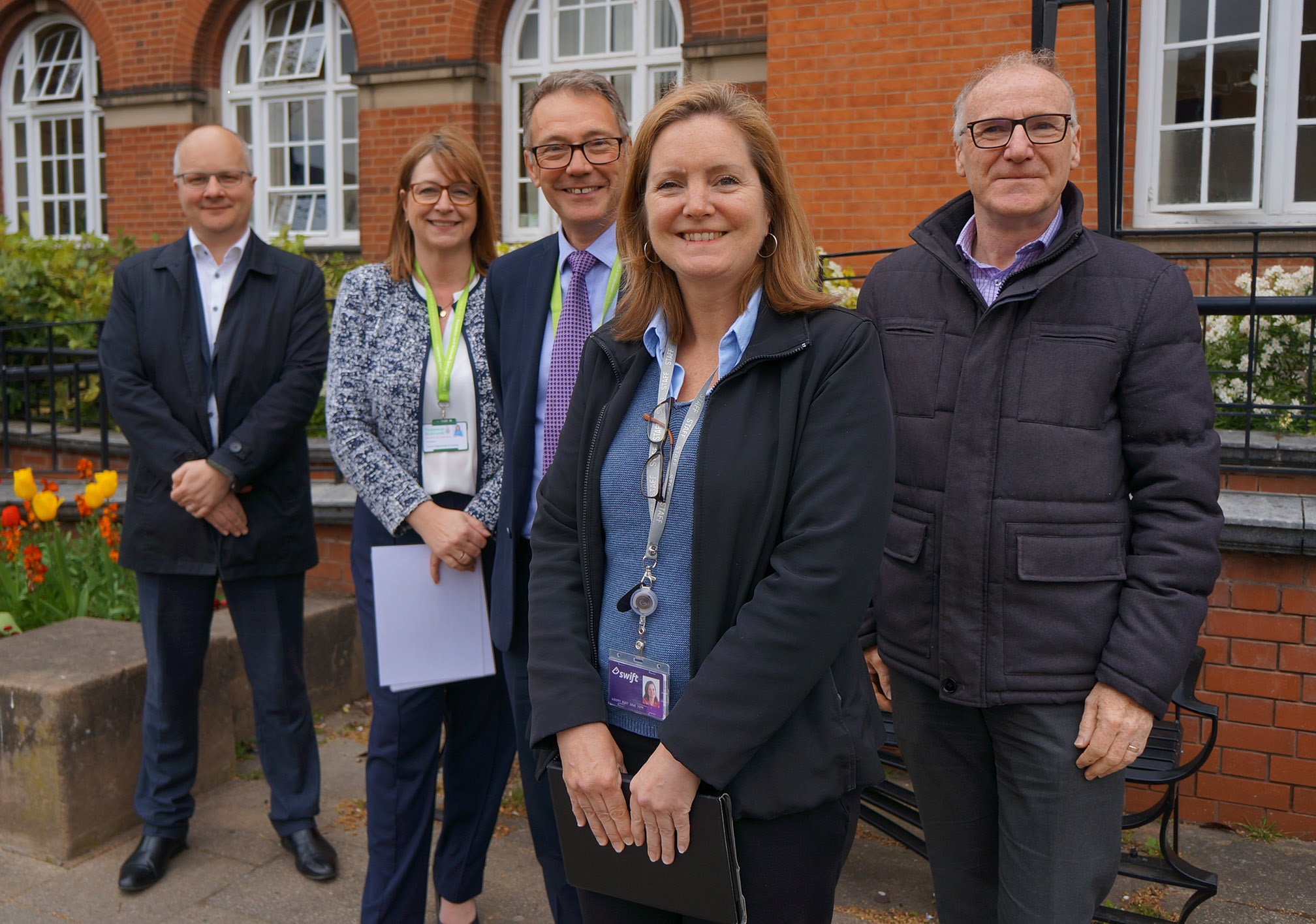 WMCA chief executive Laura Shoaf (centre) and strategic planning manager, Rob Lamond, (far left) were given a warm welcome by Nuneaton and Bedworth Borough Council’s chief executive Brent Davis (centre left) during their visit to Nuneaton town centre
