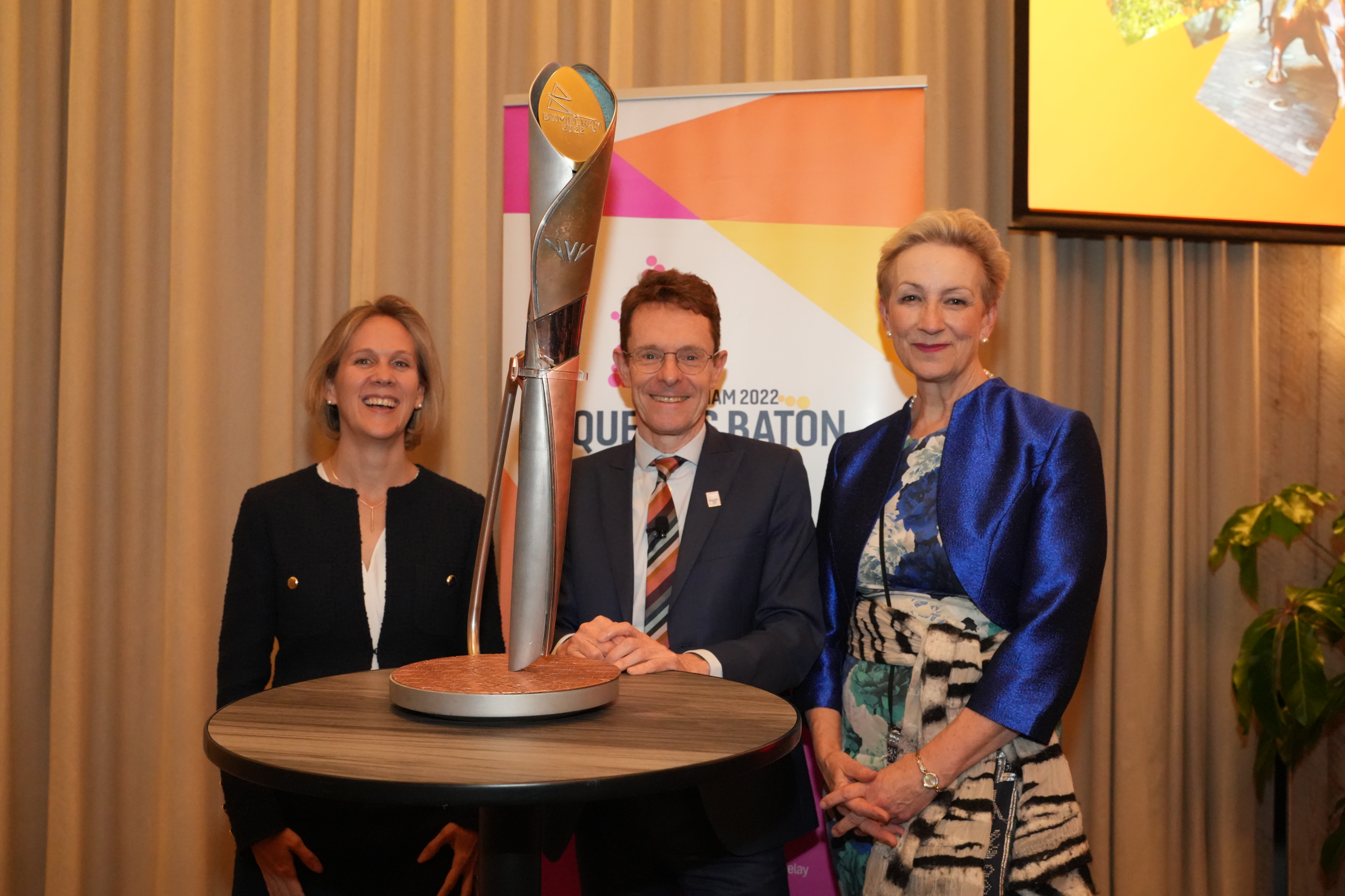 L-R: Susannah Goshko, British High Commissioner to Canada; Andy Street, the Mayor of the West Midlands and Dame Judith MacGregor, VisitBritain Chair with the Queen’s Baton at the showcase event in Toronto