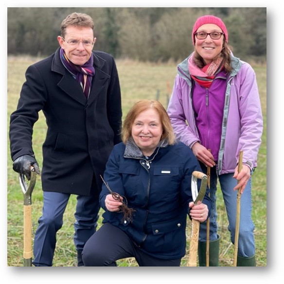 Image caption: L/R Andy Street, Mayor of the West Midlands, Cllr Heather Timms, Warwickshire’s portfolio lead on climate; Kristie Naimo, director at ARC (Achieving Results in Communities) who manage the Children's Forest at Leasowe Farm, Radford.